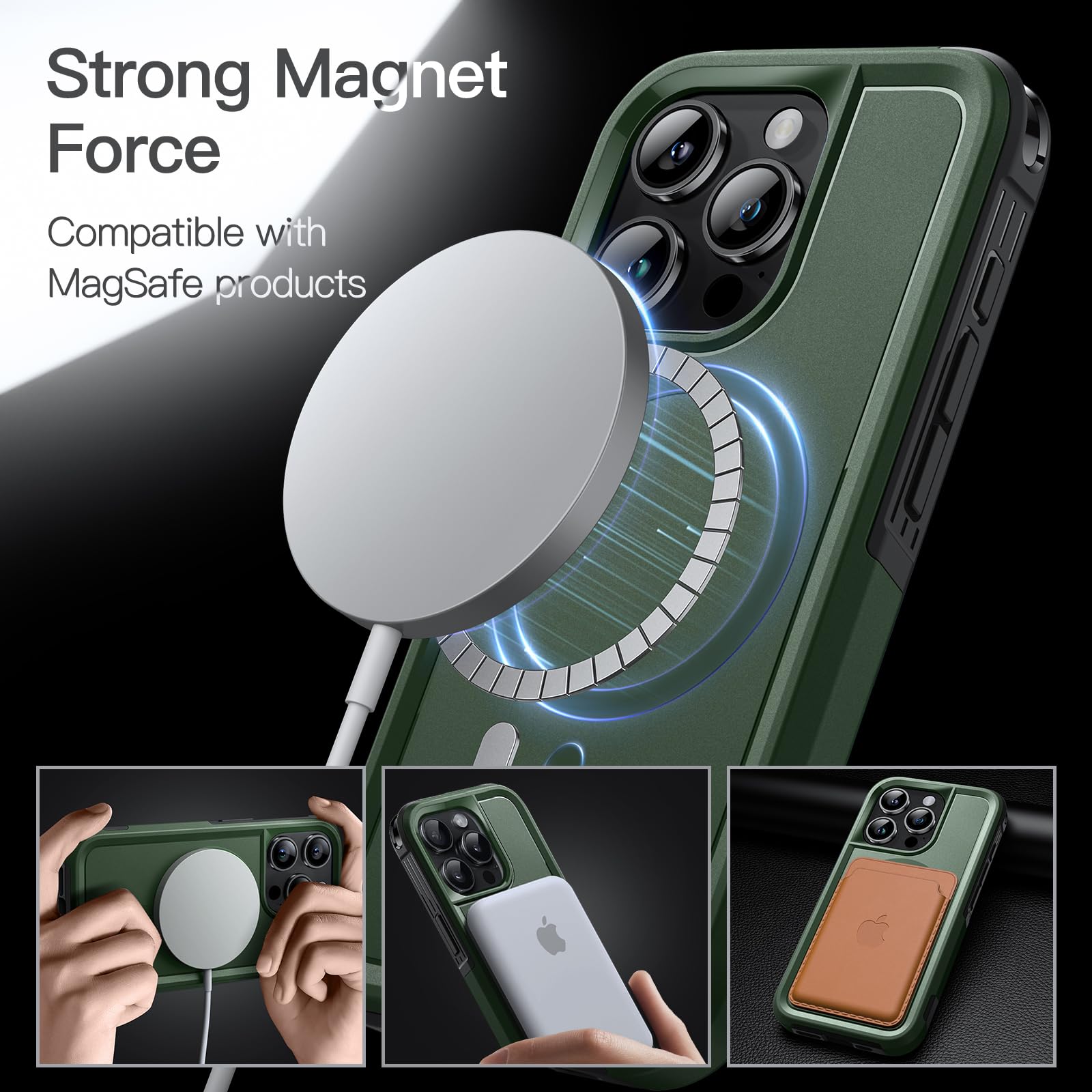 JETech Heavy Duty Rugged Case for iPhone 15 Pro 6.1-Inch - MagSafe Compatible, Dual-Layer Shockproof Protection, Magnetic Phone Cover (Midnight Green) - Perfect for Outdoor Adventures, Construction Work & Active Lifestyles