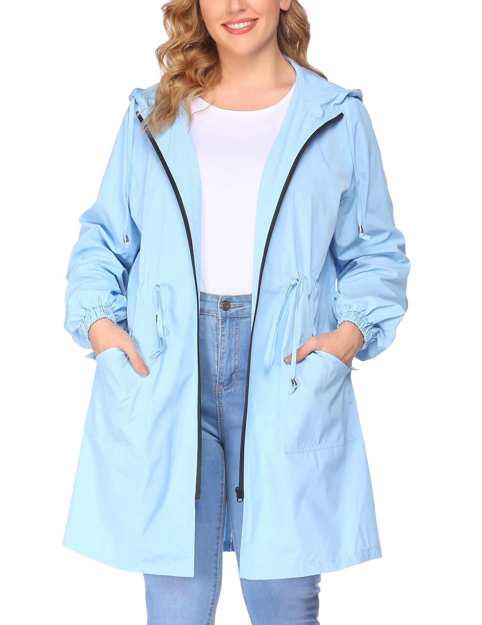 IN'VOLAND Women's Waterproof Rain Jacket Plus Size Long Hooded Windbreaker Lightweight Raincoat with Pockets for Outdoor Hiking, Travel & Commuting