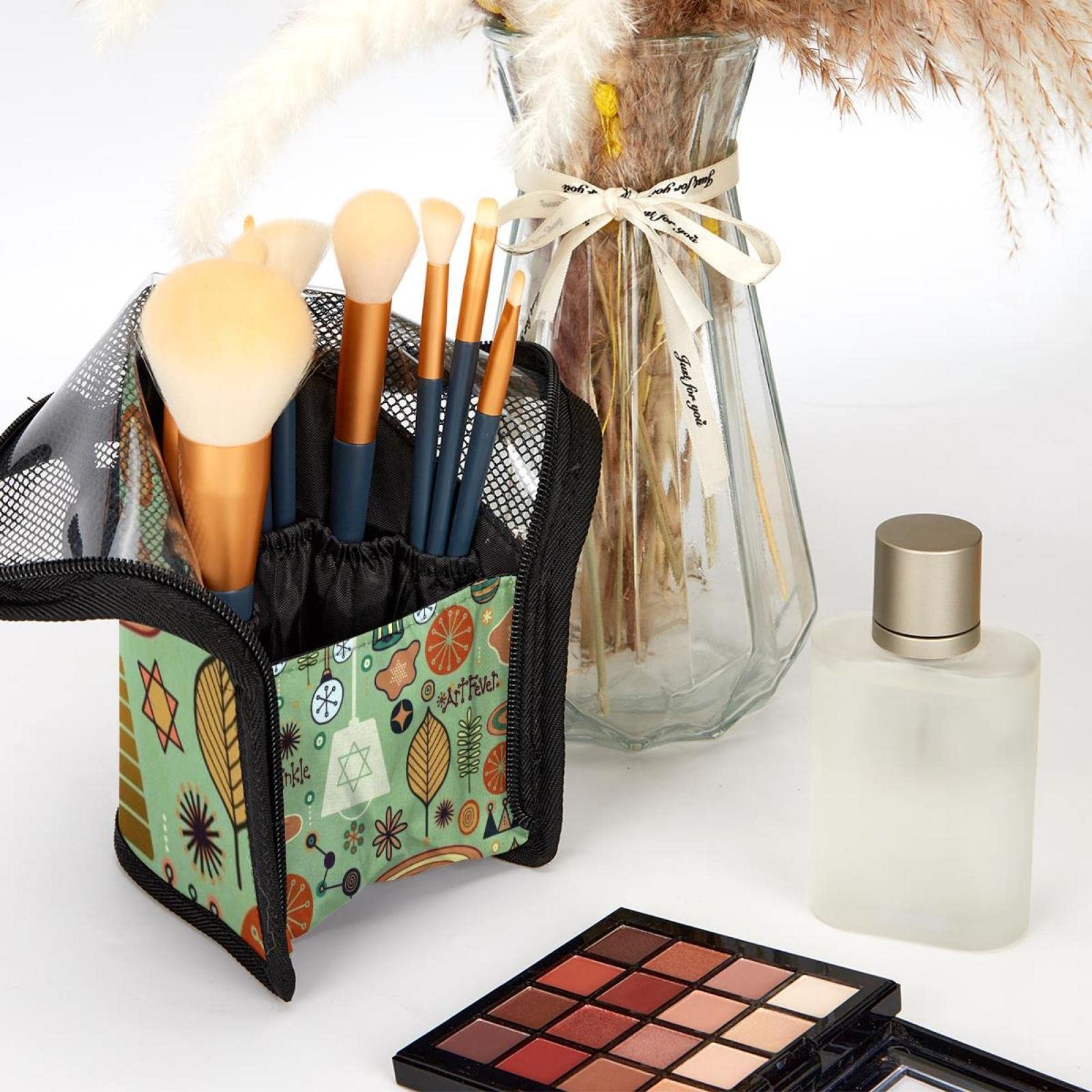 12-Piece Makeup Brush Organizer Bag with Floral Design - Portable Cosmetic Brush Holder Case for Travel & Home Storage | Perfect for Makeup Artists & Beauty Enthusiasts