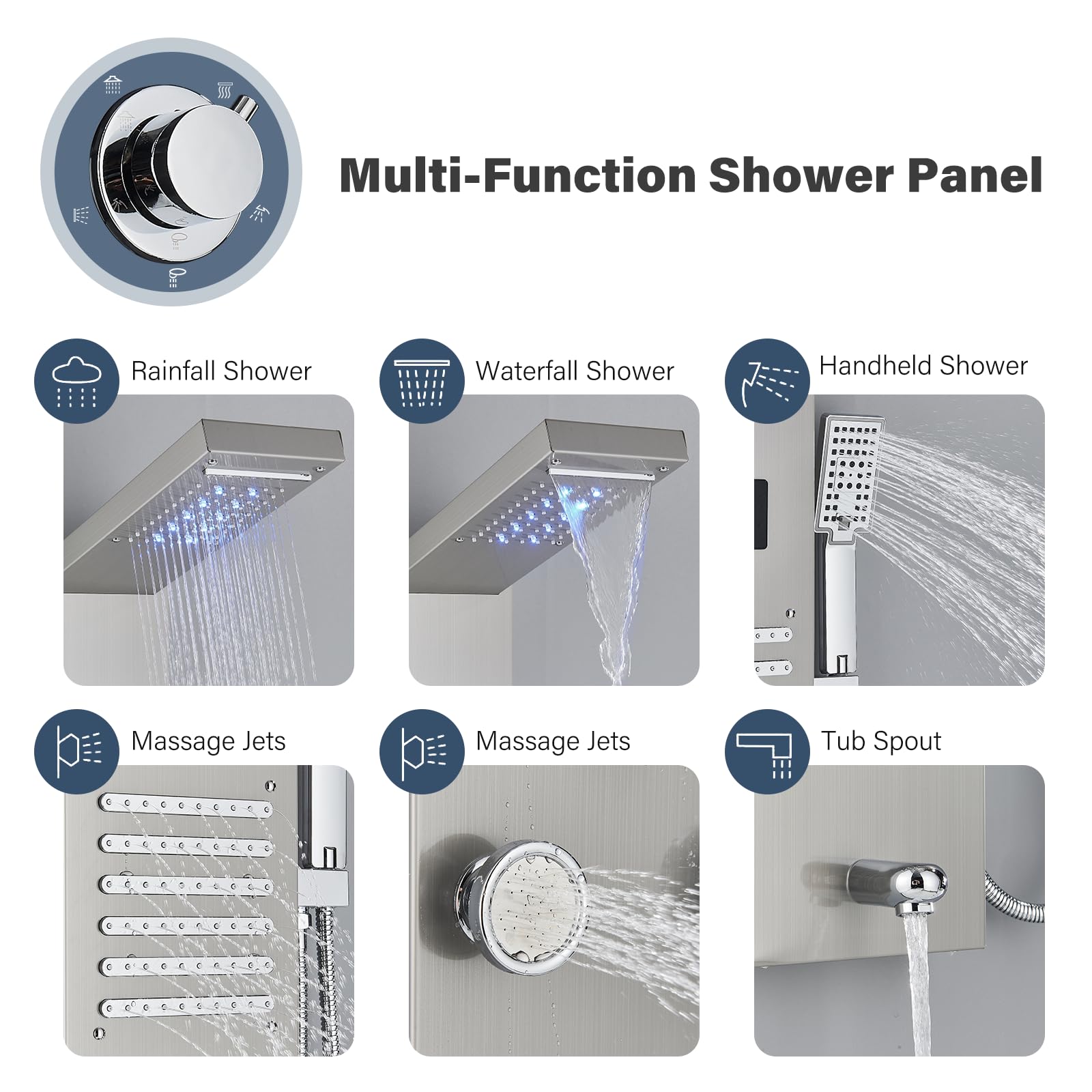 NeierThodore LED Rainfall Shower Panel - Multi-Function Shower Tower System with Massage Jets, Handheld Sprayer & Temperature Display in Brushed Nickel - Perfect for Spa-Like Bathroom Upgrades and Luxury Home Renovations