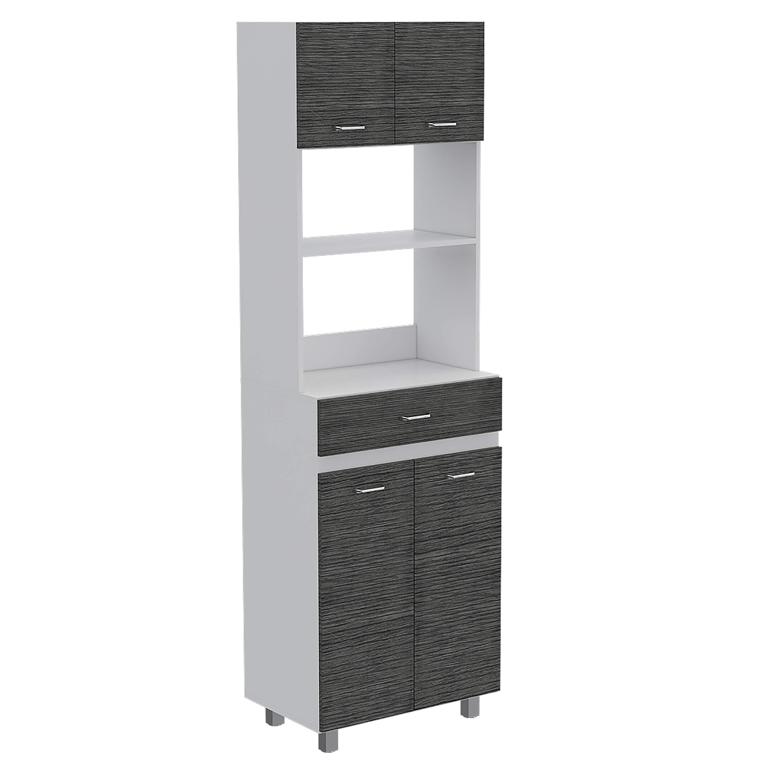 Auburn Microwave Pantry Cabinet with 2 Storage Cabinets, 2 Open Shelves & Drawer - Smokey Oak/White Finish | Perfect for Kitchen Organization & Small Space Storage