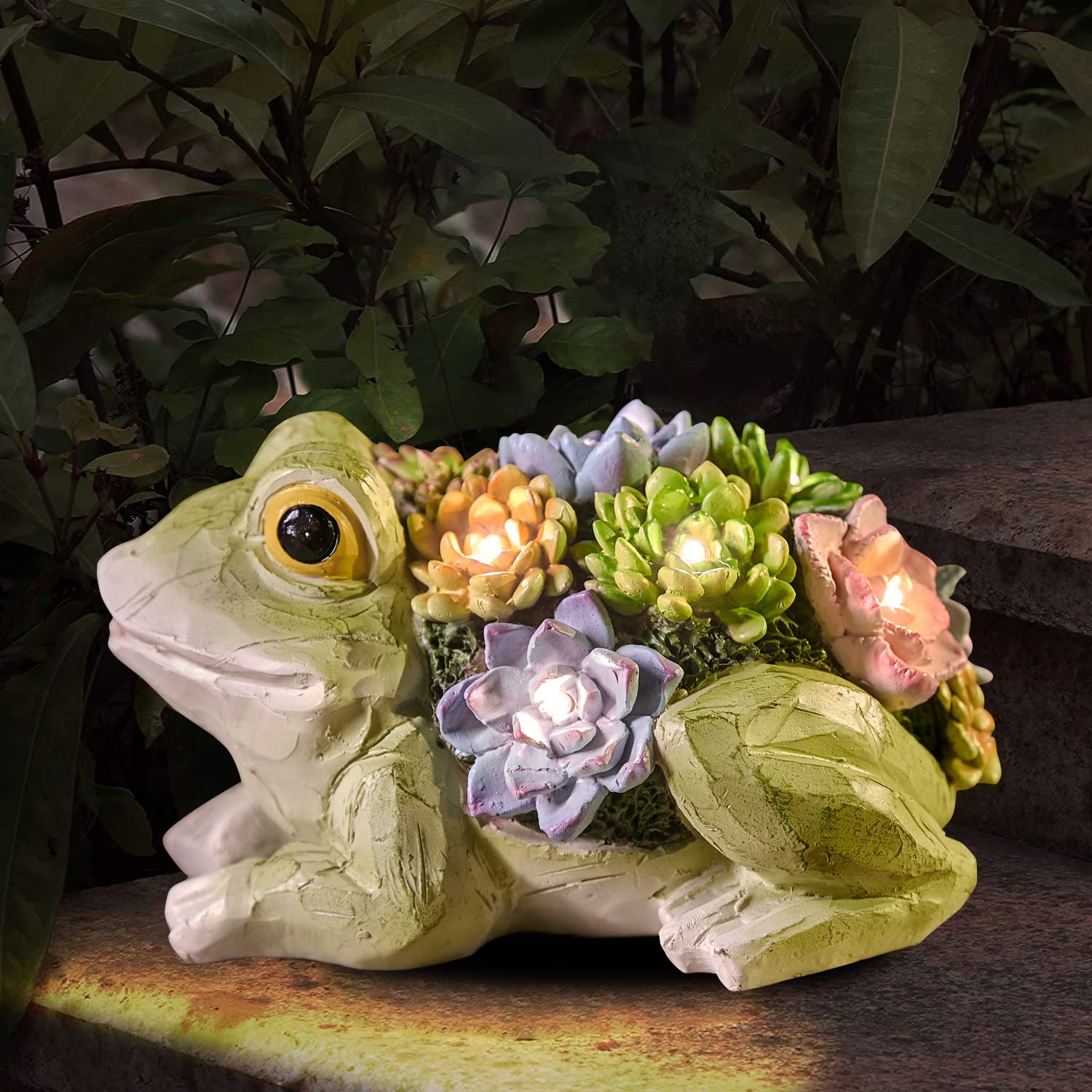 Pearlstar Solar Frog Garden Statue - 7 LED Solar Lights, Cute Resin Frog Figurine for Lawn, Patio & Yard Decor | Waterproof Outdoor Garden Decorations for Mom, Grandma & Housewarming Gifts | Perfect for Backyard, Front Porch & Garden Pathways