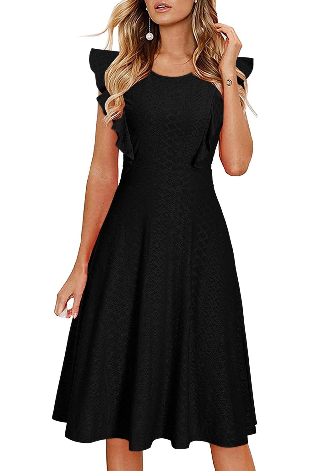 KILIG Women's 2023 Summer Wedding Guest Dress - Casual Ruffle Sleeves A-Line Cocktail Party Midi Dress for Bridal Shower, Garden Party & Formal Events