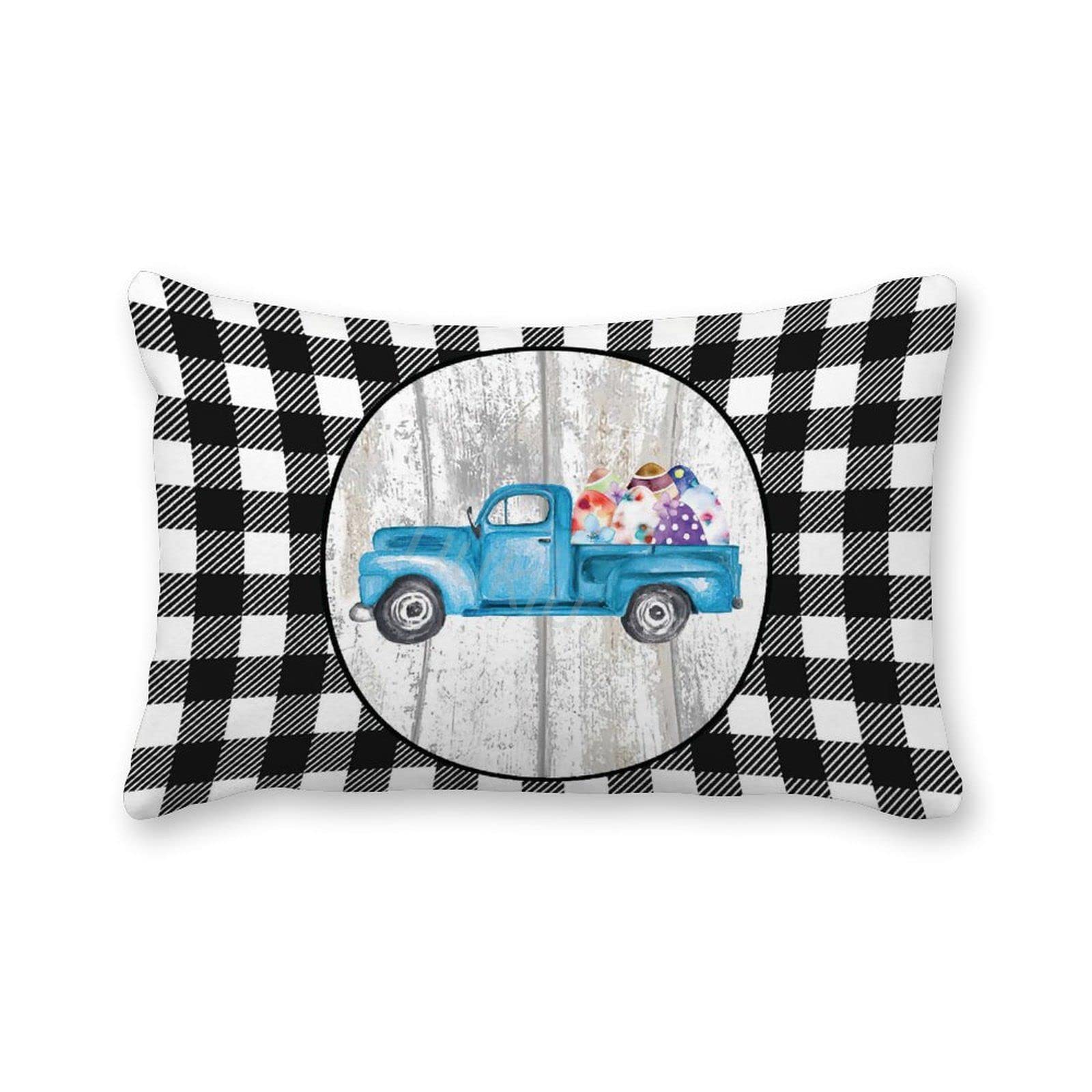 Decorative Lumbar Pillow Covers Set of 2 - Canvas Truck Rustic Wooden Board Buffalo Plaid White Black Check Rectangular Throw Pillow Covers for Couch, Sofa, Bed & Living Room - Perfect for Farmhouse, Rustic & Modern Home Decor