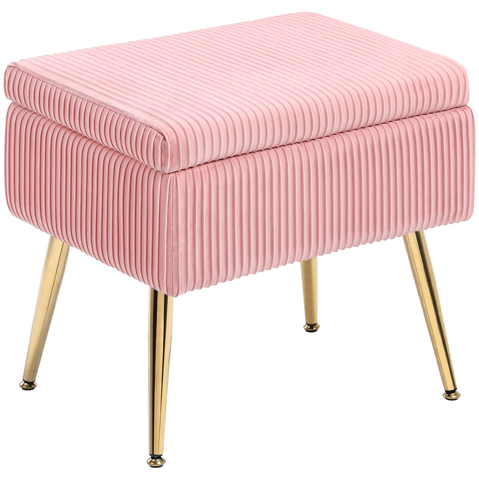 Furniliving Velvet Upholstered Vanity Stool with Storage - Rectangle Makeup Footrest Bench with Metal Legs & Pleated Design, Pink Bedroom Stool for Dressing Table, Makeup Area & Boudoir Decor