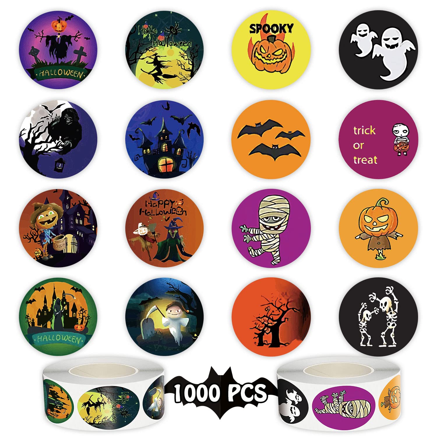 1000 PCS Halloween Stickers for Kids - 2 Rolls Pumpkin Ghost Stickers Bulk, Self-Adhesive Party Decorations for Halloween Favors, Trick or Treat, Classroom Activities & Scrapbooking
