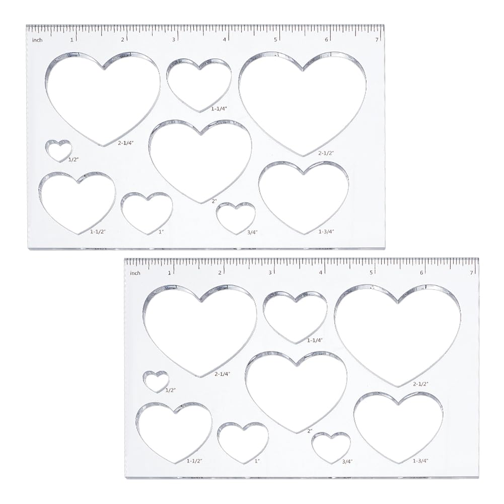 2-Pack 9-in-1 Heart Inlay Template Router Stencils - Acrylic Drawing Scale Ruler Measuring Tool for Woodworking, DIY Crafts, School & Office Supplies (7x4.7 Inch) - Perfect for Jewelry Making, Scrapbooking & Home Decor Projects