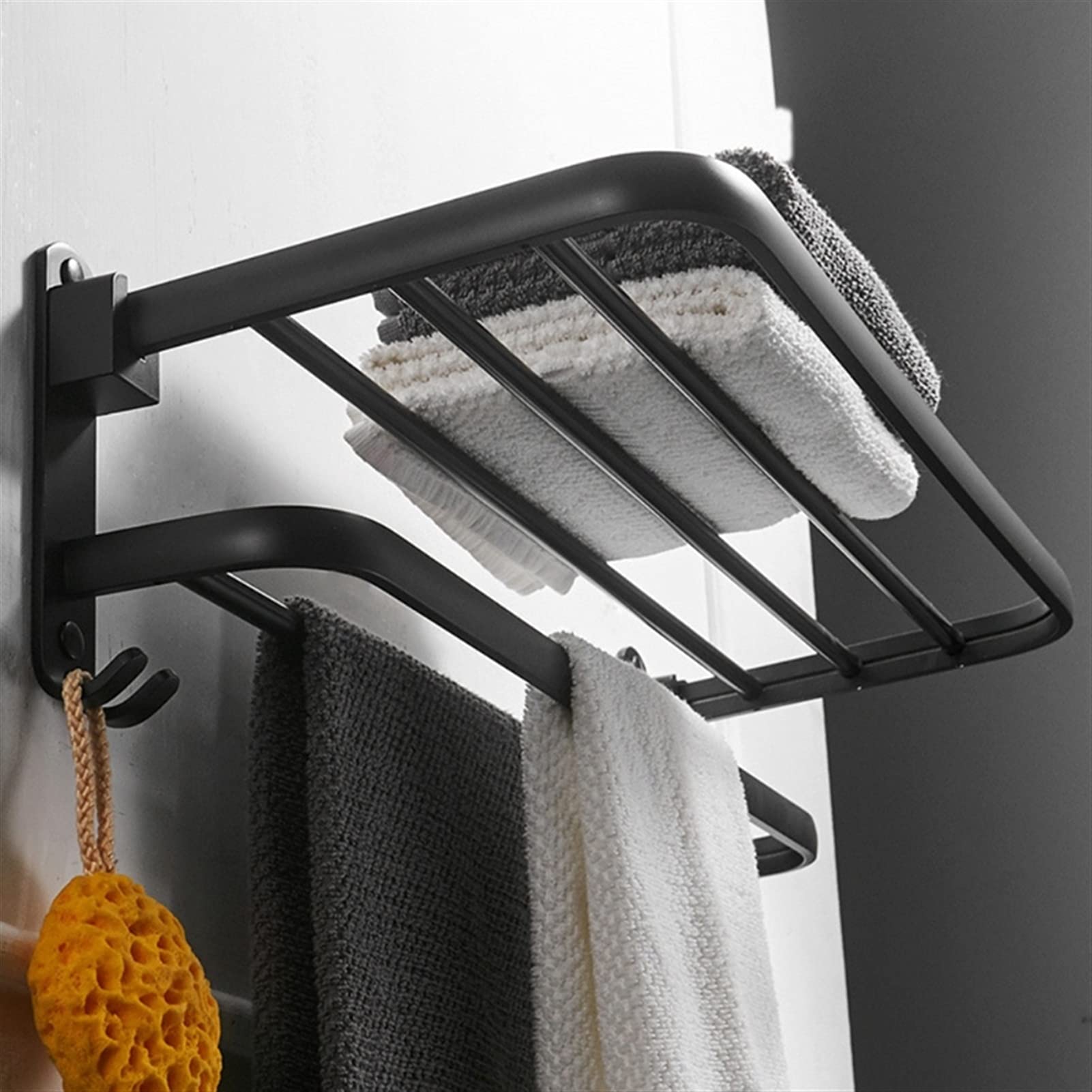Black Aluminum Wall Mounted Folding Towel Rack with Hook - Space Saving Bathroom Storage Shelf for Towels & Robes - Perfect for Small Bathrooms, Laundry Rooms & Kitchens (40 Inch)