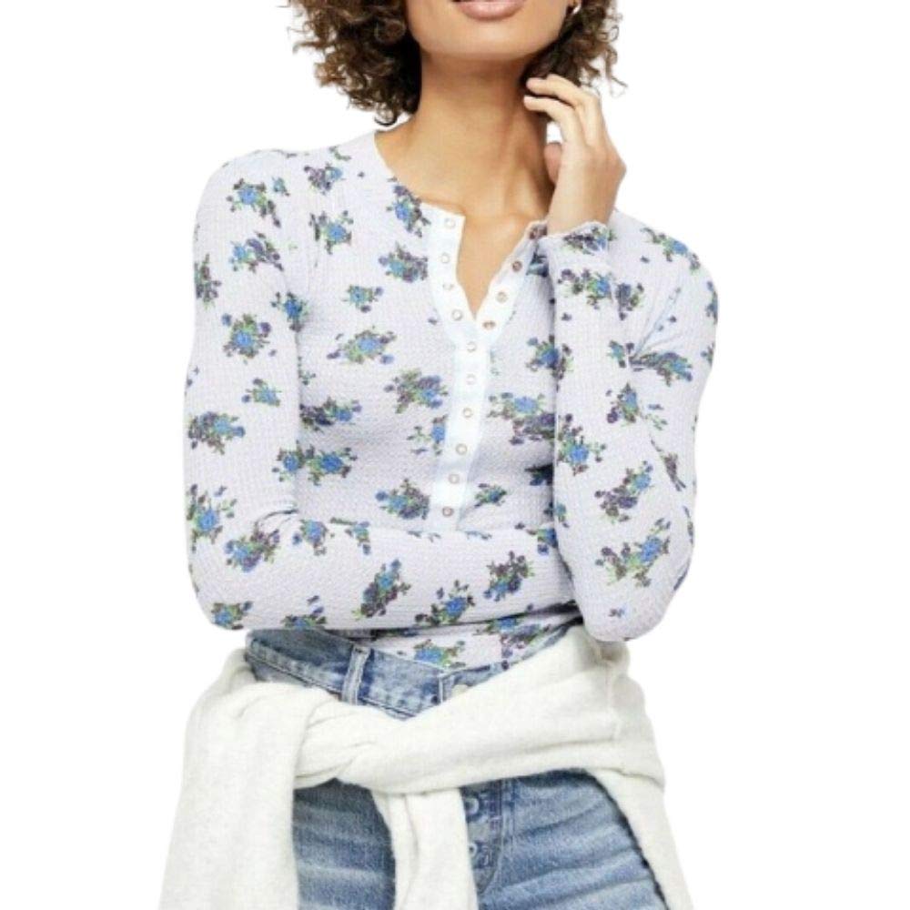 Free Women's Waffle Knit Henley Top with Snap Front - Casual Long Sleeve Shirt for Everyday Wear, Layering & Fall Outfits