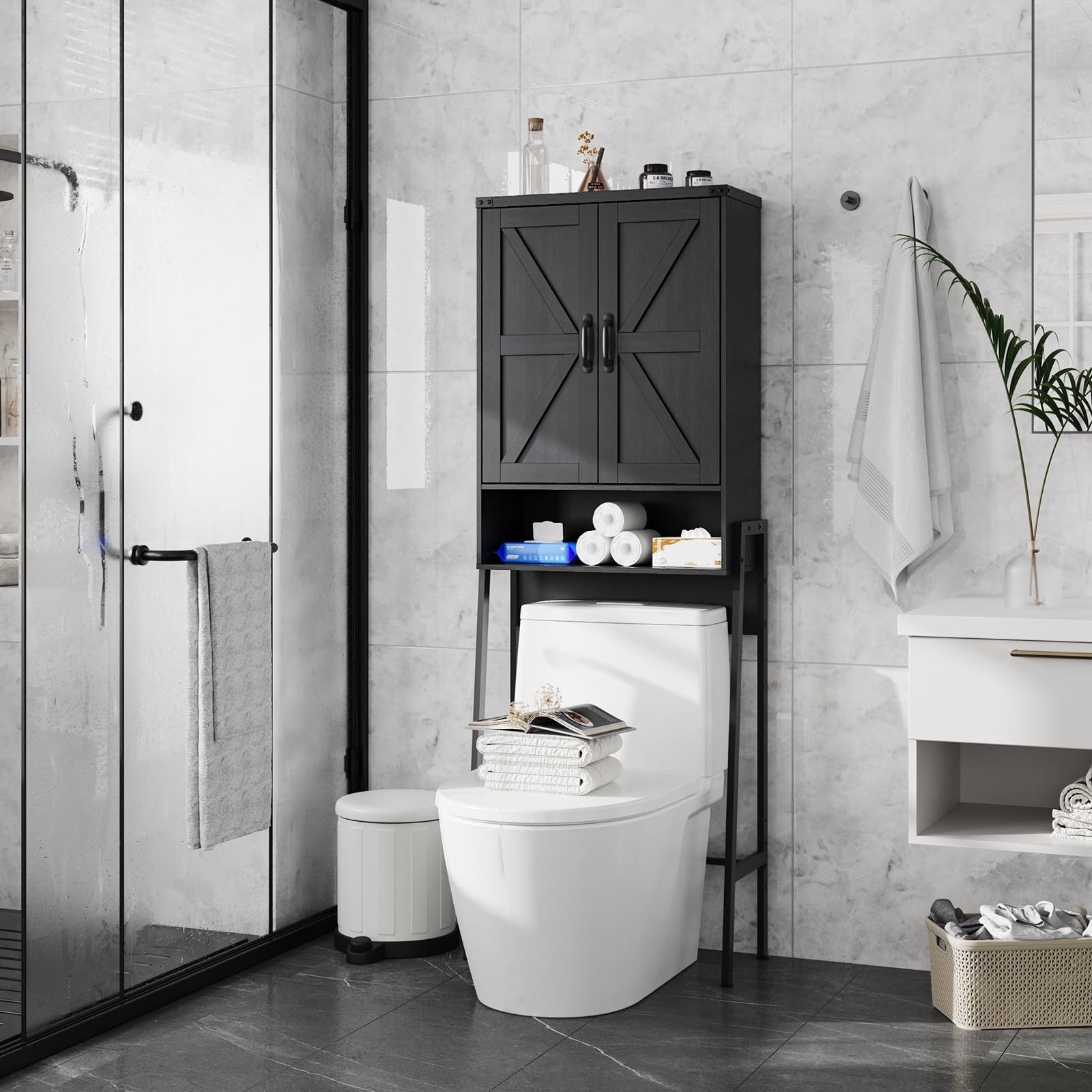Over The Toilet Storage Cabinet with 2 Doors - Bathroom Organizer with Shelves & Anti-Tip Device - Space Saving Storage for Bathroom, Restroom & Laundry - Perfect for Small Spaces & Apartment Living (Black)