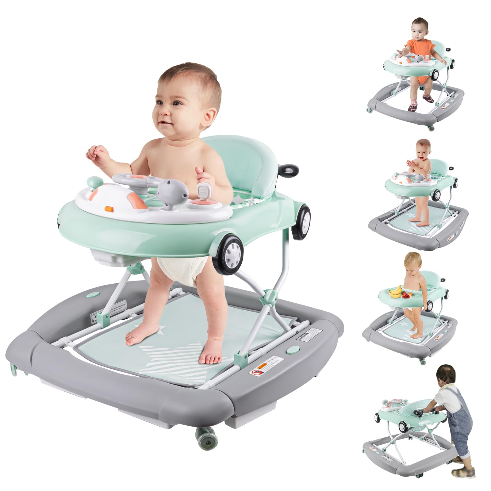 Best 5-in-1 Baby Walker with Wheels - Adjustable Height & Speed Control, Musical Activity Center for Infants 7-18 Months (Green) - Perfect for Learning to Walk, Playtime & Indoor Exploration