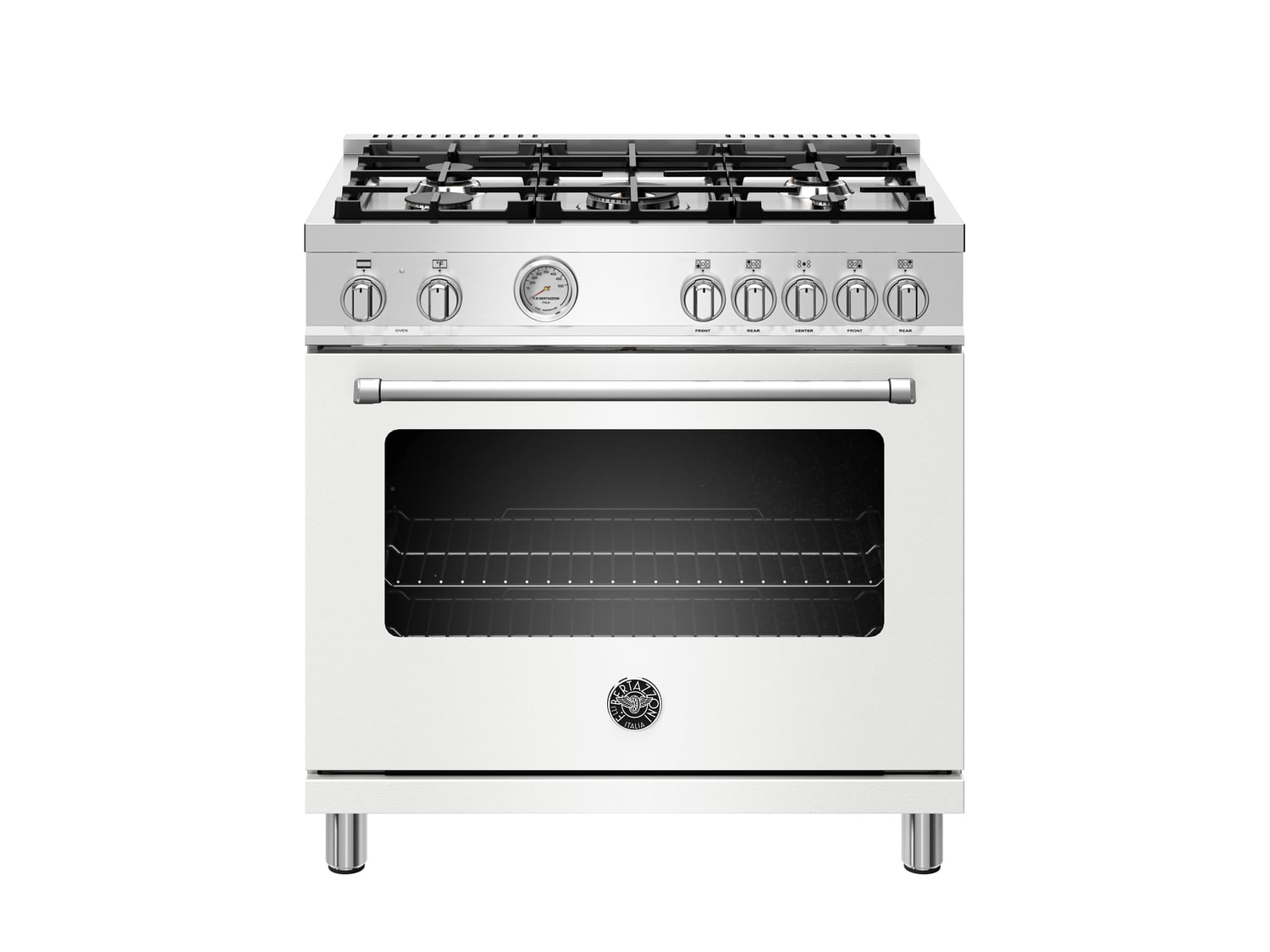 Bertazzoni MAST365DFMBIE 36 Inch Dual Fuel Range with 5 Burners & Electric Oven in Bianco Matt Finish - Perfect for Professional Home Kitchens & Gourmet Cooking