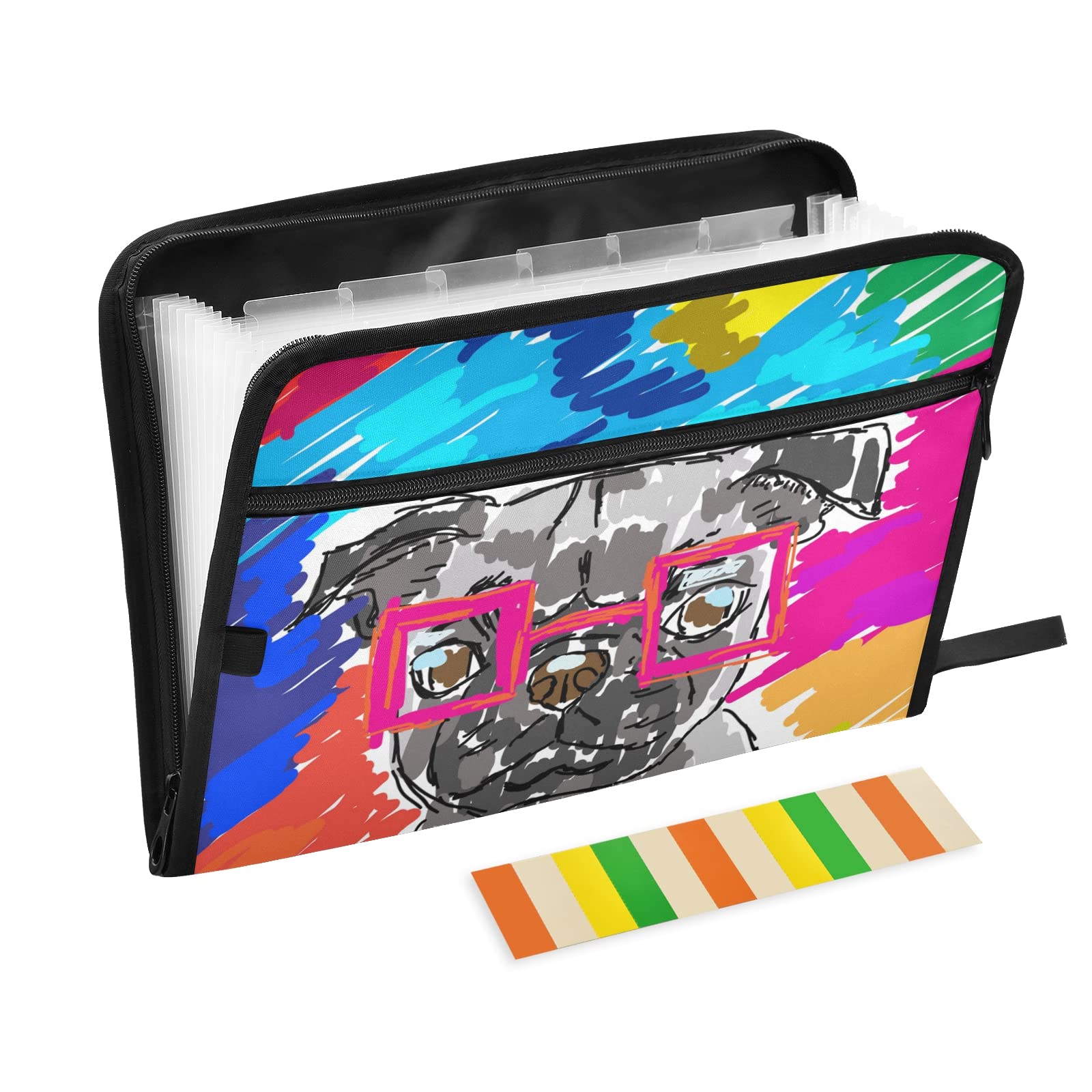 UMIRIKO Rainbow Pug 13-Pocket Expanding File Folder with Sticky Labels - Accordion Organizer for A4/Letter Size Documents - Zippered Closure for Secure Storage | Perfect for Office, School & Home Organization