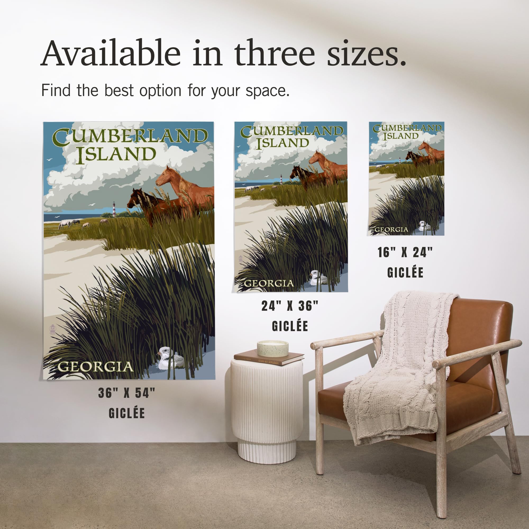 Lantern Press 16x24 Inch Giclee Art Print - Cumberland Island Georgia Landscape with Wild Horses, Sand Dunes & Lighthouse - Coastal Home Decor, Beach House Wall Art, Office Decoration