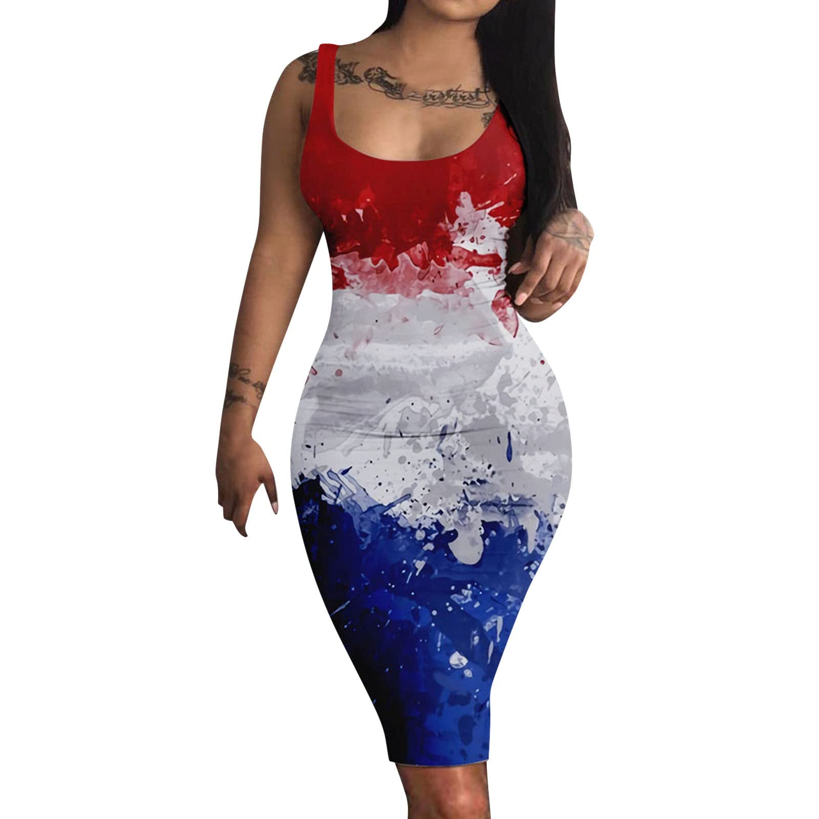Sexy American Flag Print Mini Dress for Women - Sleeveless Clubwear Cami Vest with Slit, Casual Midi Dress for Night Out & Summer Parties