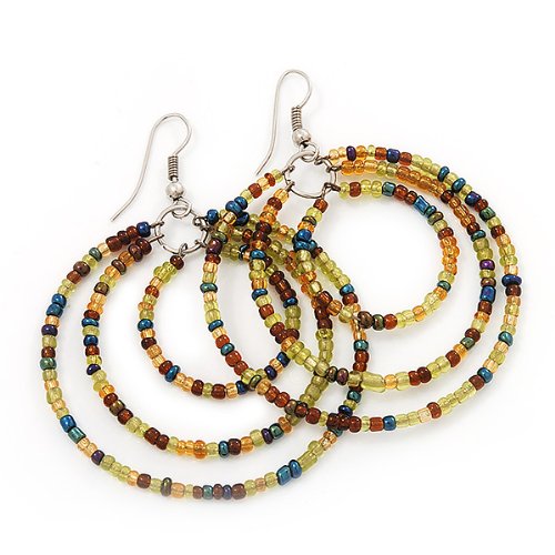 Stylish Lime Green & Brown Glass Bead Hoop Earrings in Silver Finish - 6.5cm (2.56 inches) Dangle Earrings for Women | Perfect for Parties, Weddings & Everyday Fashion Accessories