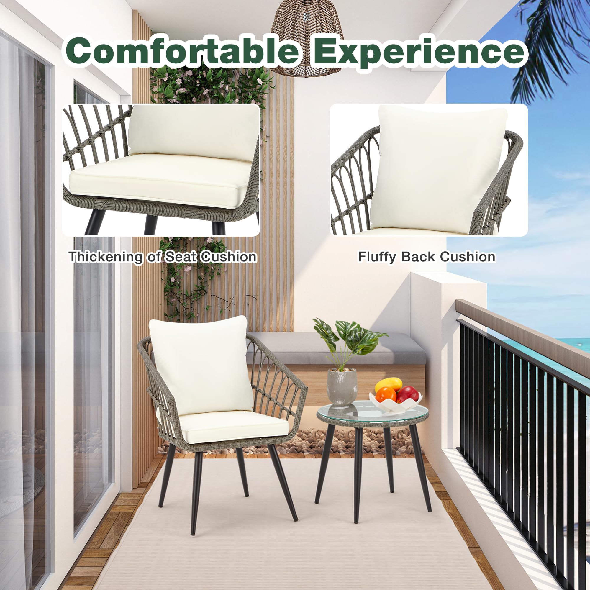 EcoTouge 3-Piece Wicker Bistro Set - Patio Rattan Dining Table with Glass Top & Cushioned Chairs - Outdoor Conversation Furniture for Porch, Backyard, Garden (Grey) - Perfect for Al Fresco Dining and Relaxing in Your Outdoor Space