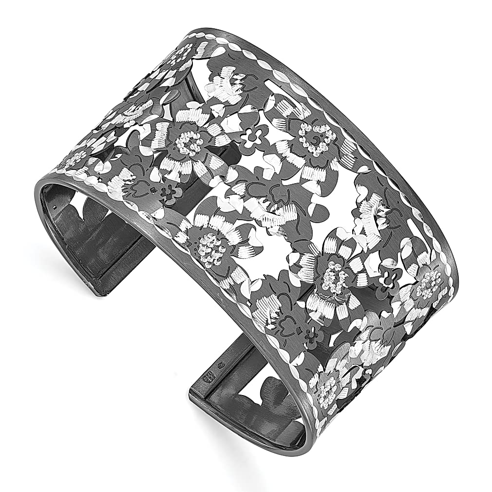 925 Sterling Silver Ruthenium Plated Flower Cuff Bangle Bracelet - Adjustable Expandable Stackable Slip-On Design for Women | Elegant Fine Jewelry Gift for Her | Perfect for Weddings, Parties & Everyday Wear