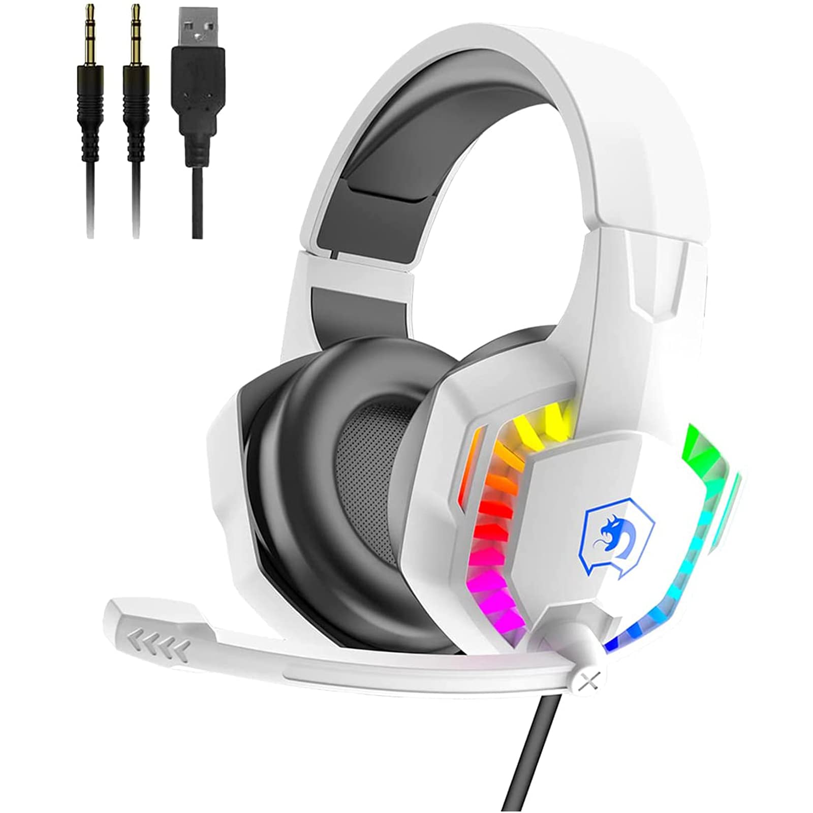 RGB Gaming Headset with Noise-Canceling Mic, Deep Bass & Memory Foam Earcups - Wired Over-Ear Headphones for PS5, Xbox Series X/S, PC, Mac, Switch - Perfect for FPS, Streaming & Music (White)