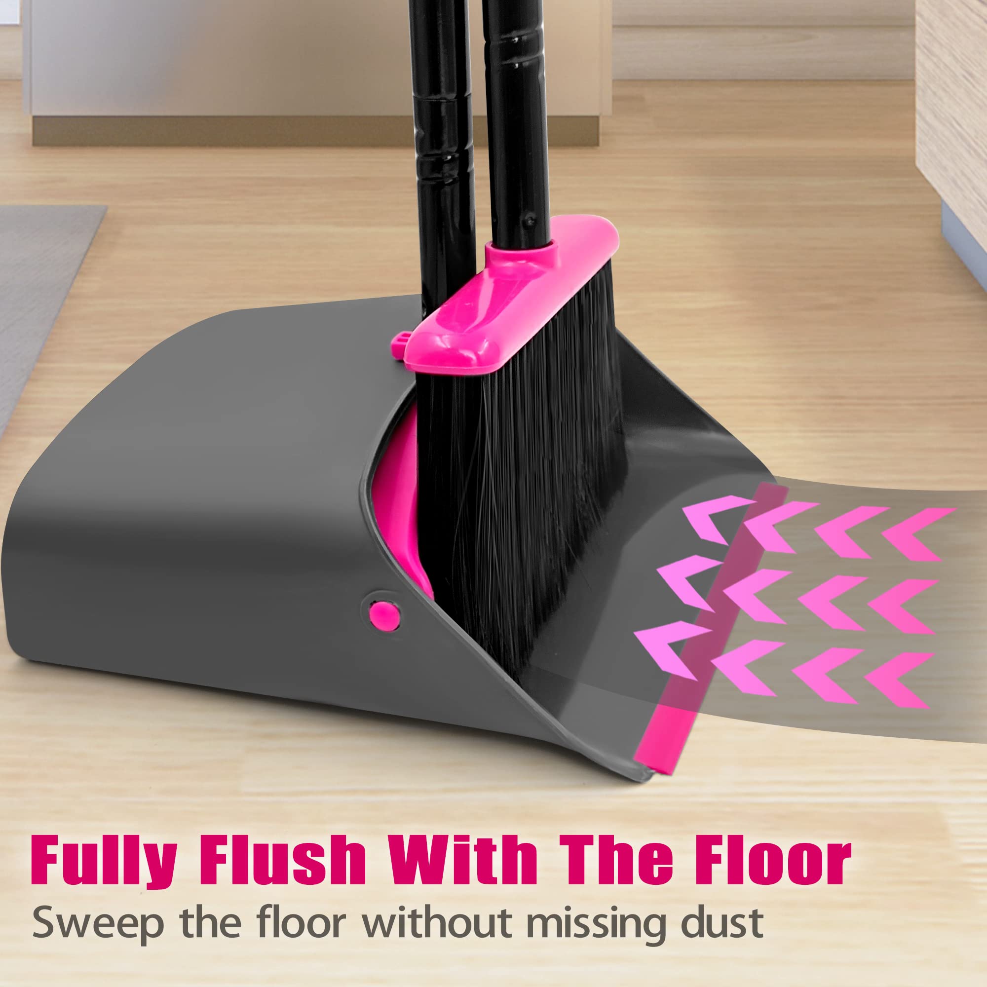 JEHONN Broom and Dustpan Set - Lightweight Long Handle Indoor Sweeping Kit with Upright Standing Dustpan & Comb Teeth - Perfect for Home, Kitchen, Office & Lobby Cleaning (Rose Red) | Space-Saving Storage & Easy Sweeping Solution