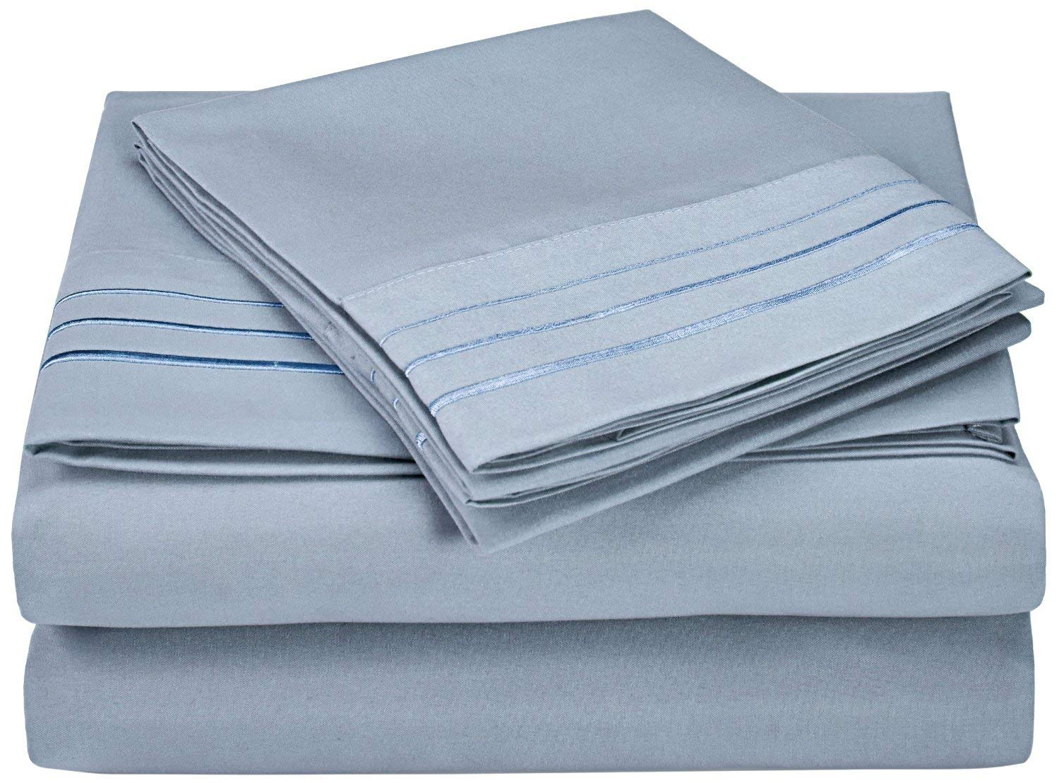 GoLinens 3-Line Embroidered California King Sheet Set - Ultra Soft, Wrinkle-Free Bedding - Light Blue Luxury for Master Bedroom & Guest Room
