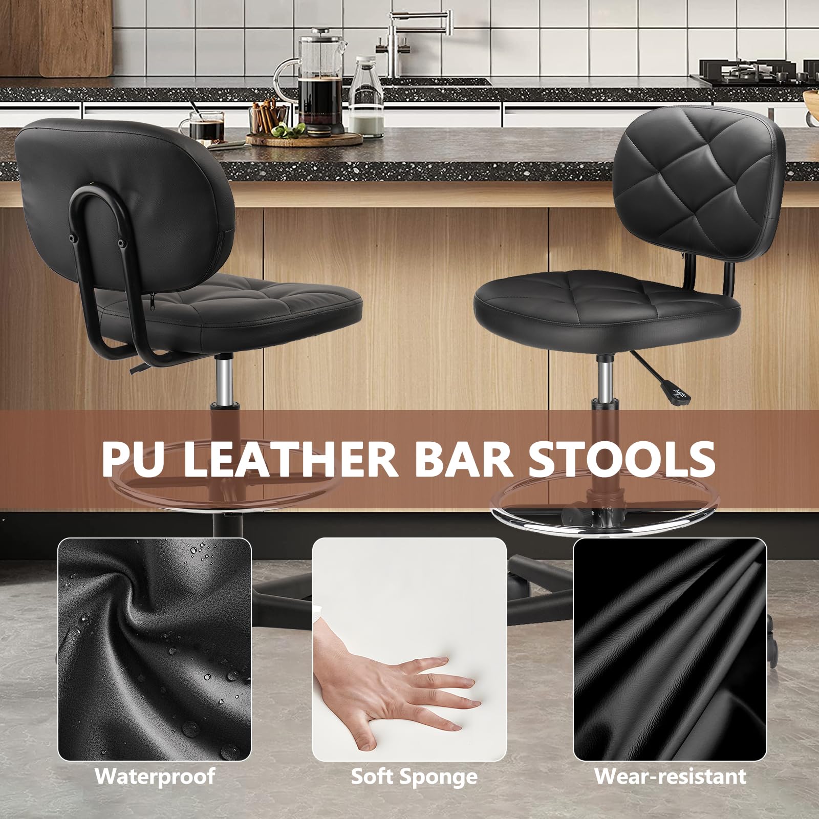 Adjustable Drafting Stool with Low Back Support & Footrest - 2 Pack Ergonomic PU Leather Swivel Rolling Chair for Office, Home & Standing Desks - Perfect for Architects, Artists & Long Work Sessions