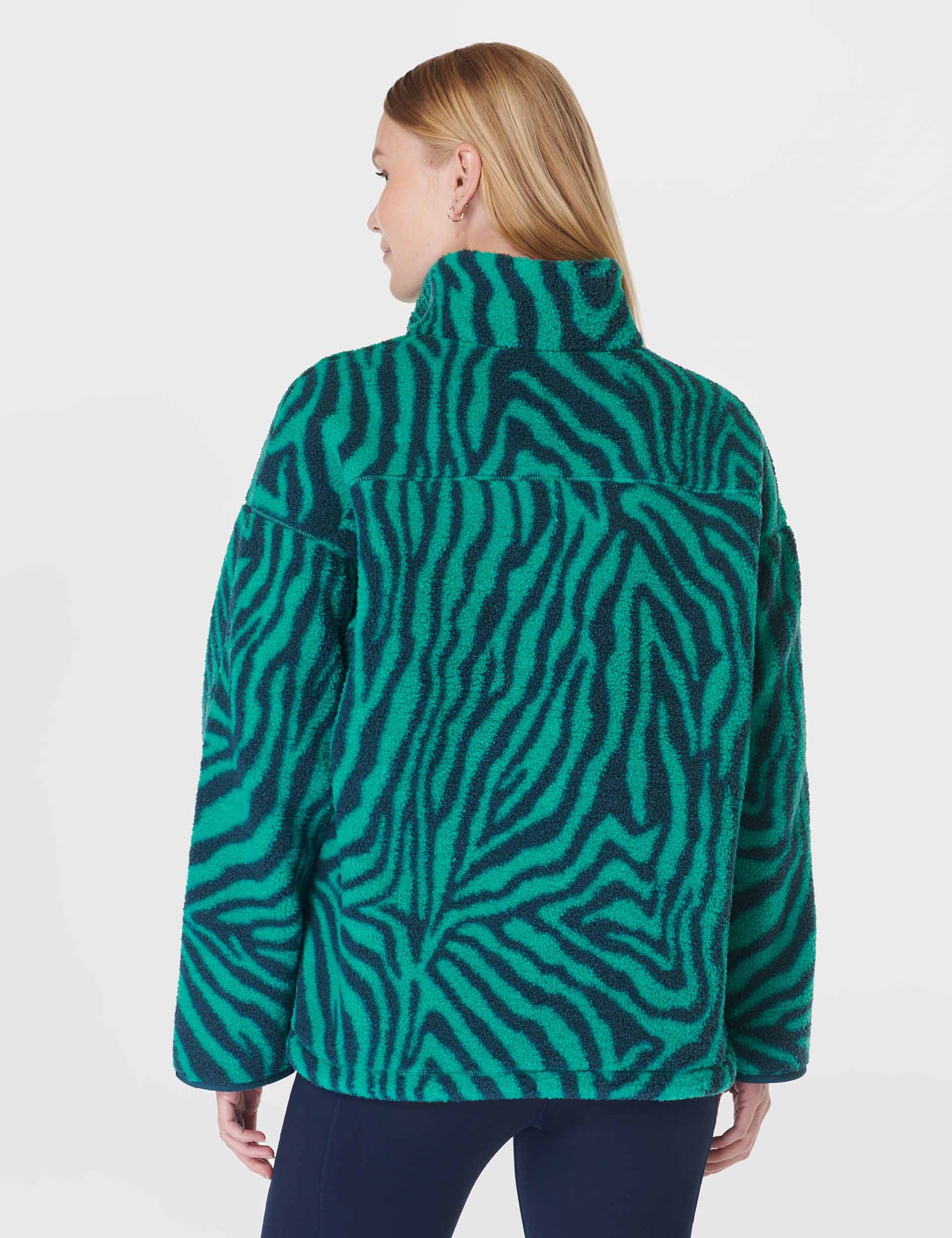 Karma Fleece Half Zip Pullover - Green Abstract Zebra Print Fleece Jacket for Men & Women | Cozy Outdoor Hiking & Casual Winter Wear