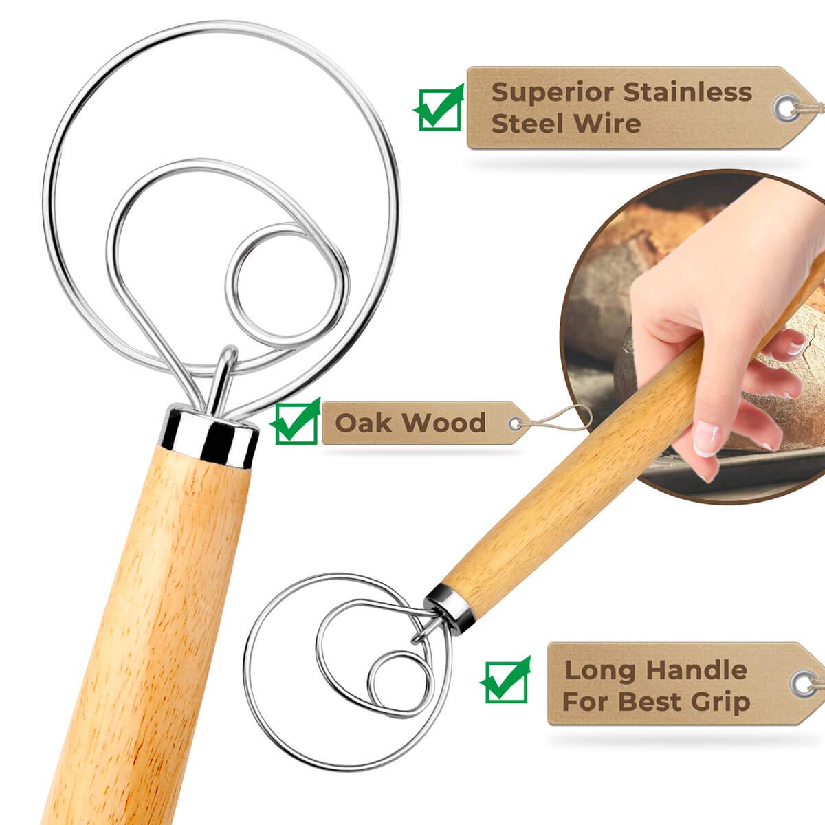 Premium Stainless Steel Danish Dough Whisk 2-Pack with Dough Scraper - Heavy Duty Bread Mixer for Baking Bread, Pastry, Pizza Dough - Ideal for Home Bakers & Professional Kitchens