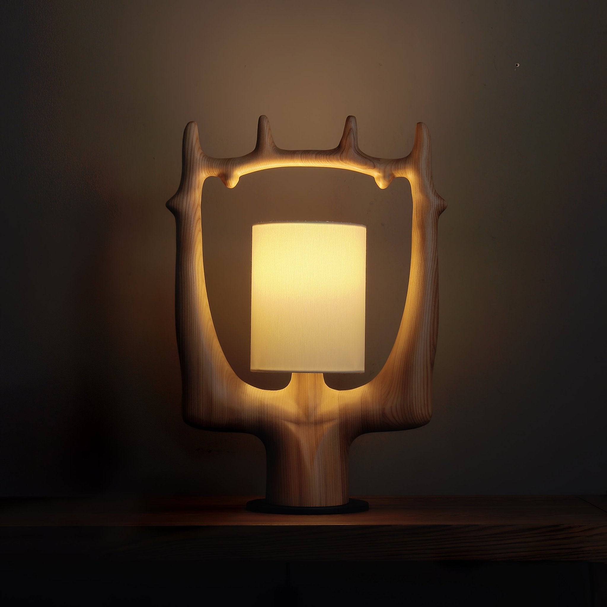 Antler Ring Table Lamp - Rustic Wooden Deer Antler Nightstand Light for Bedroom, Living Room, Office - Warm White LED Bulb Included for Cozy Ambience