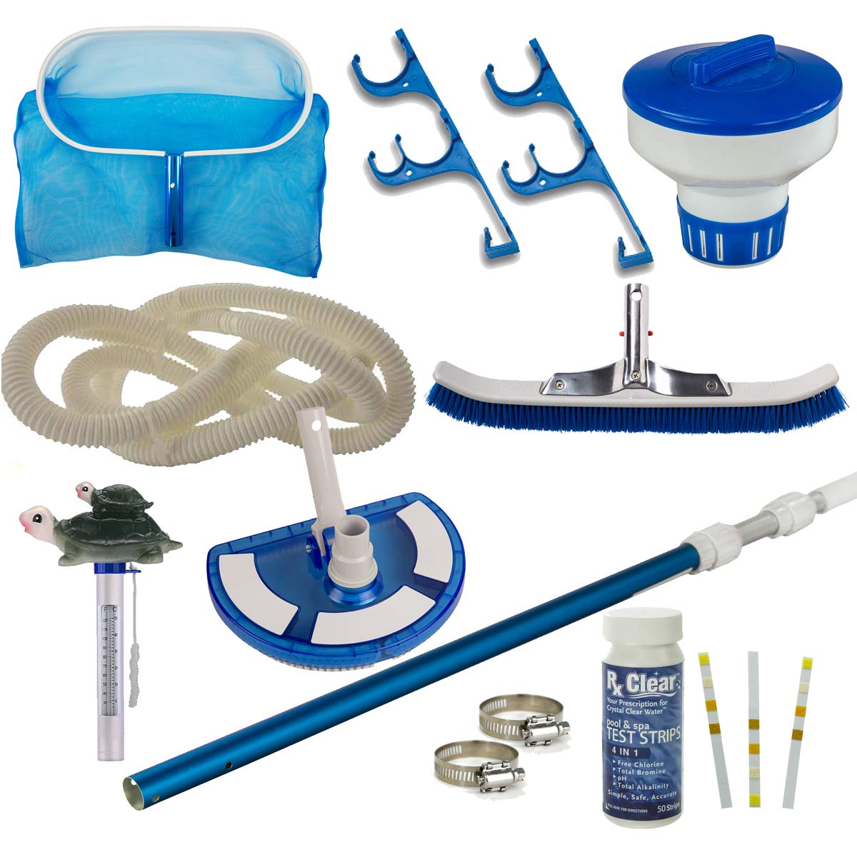 Supreme Pool Maintenance Kit - 18' Hose, Thermometer, Brush, Floating Chlorinator, Vacuum Pole with Handle, Skimmer, Test Strips & Vacuum Head | Complete Swimming Pool Cleaning & Care Solution for Inground & Above Ground Pools | Perfect for Weekly Maintenance, Algae Prevention & Water Testing