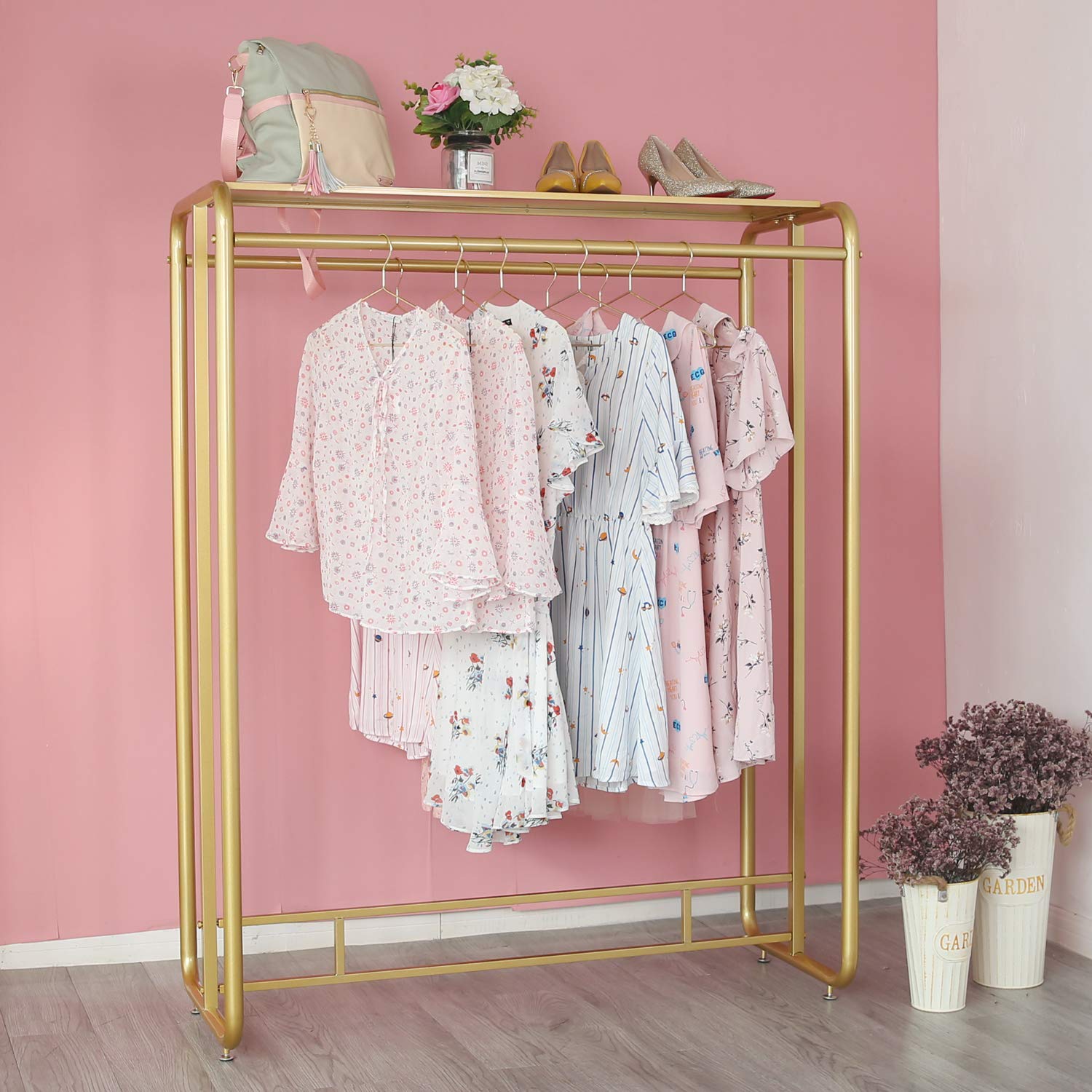 Premium Heavy Duty Gold Garment Rack with Top Shelf - Commercial Grade Metal Clothing Rack for Boutique, Retail & Home Use - Perfect for Store Displays, Wardrobe Organization & Event Dressing Rooms