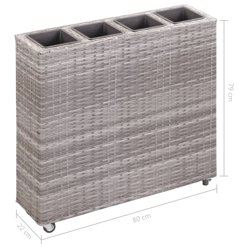 Outdoor Garden Raised Bed with 4 Plastic Pots - Gray Poly Rattan Weather-Resistant Planter with Wheels for Patio, Balcony & Backyard Decor