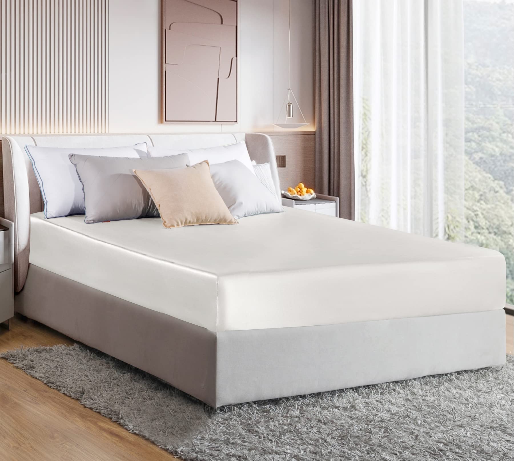MILVOWOC Queen Size Satin Fitted Sheet - Ivory White Soft Bottom Elastic Bed Sheet - 1 Piece for Luxurious Comfort - Perfect for Master Bedrooms, Guest Rooms & Hotel Stays