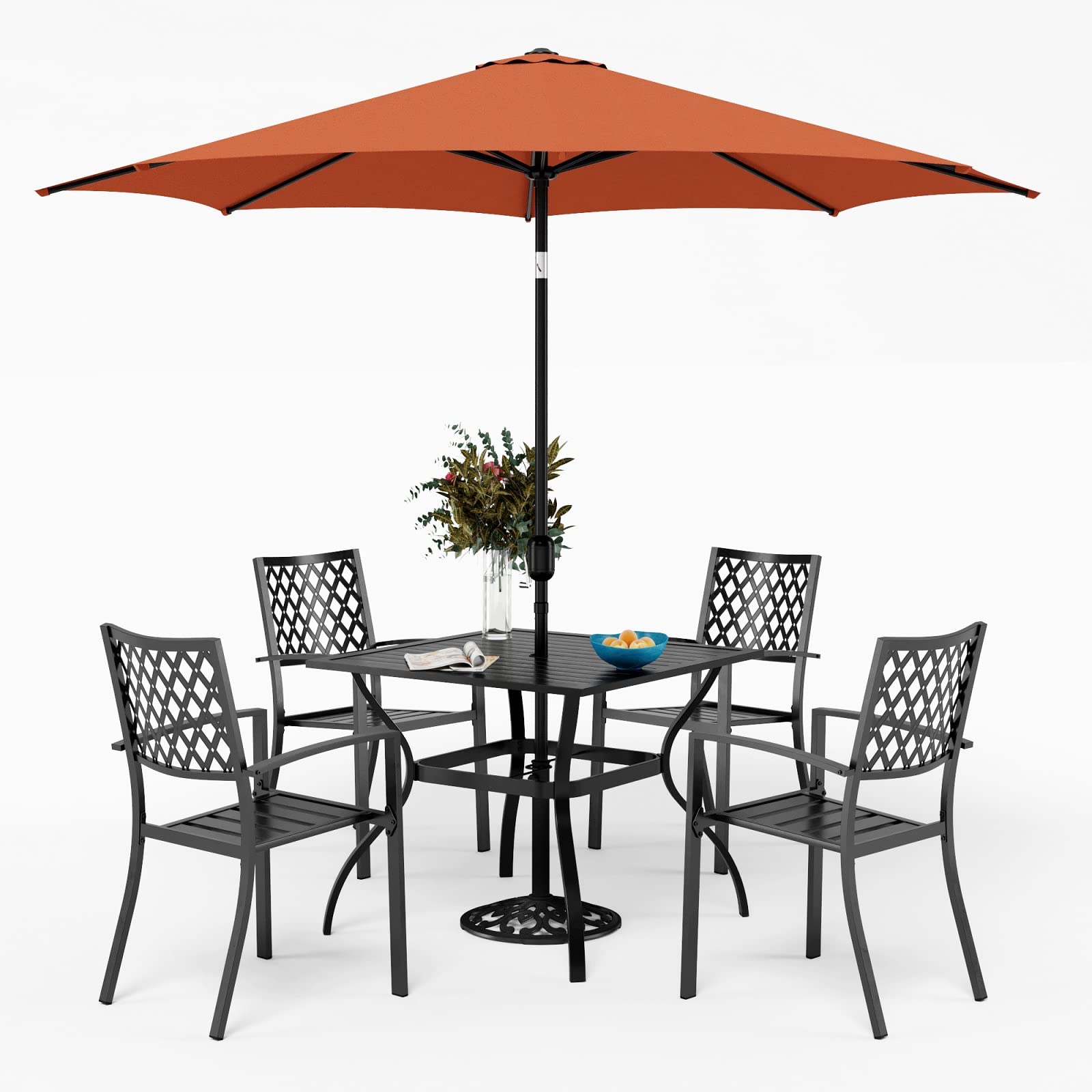 Sophia & William 6-Piece Outdoor Patio Dining Set for 4 - Square Metal Table with 4 Stackable Chairs & 9ft Tiltable Orange Red Umbrella | Perfect for Backyard BBQs, Garden Parties & Poolside Dining