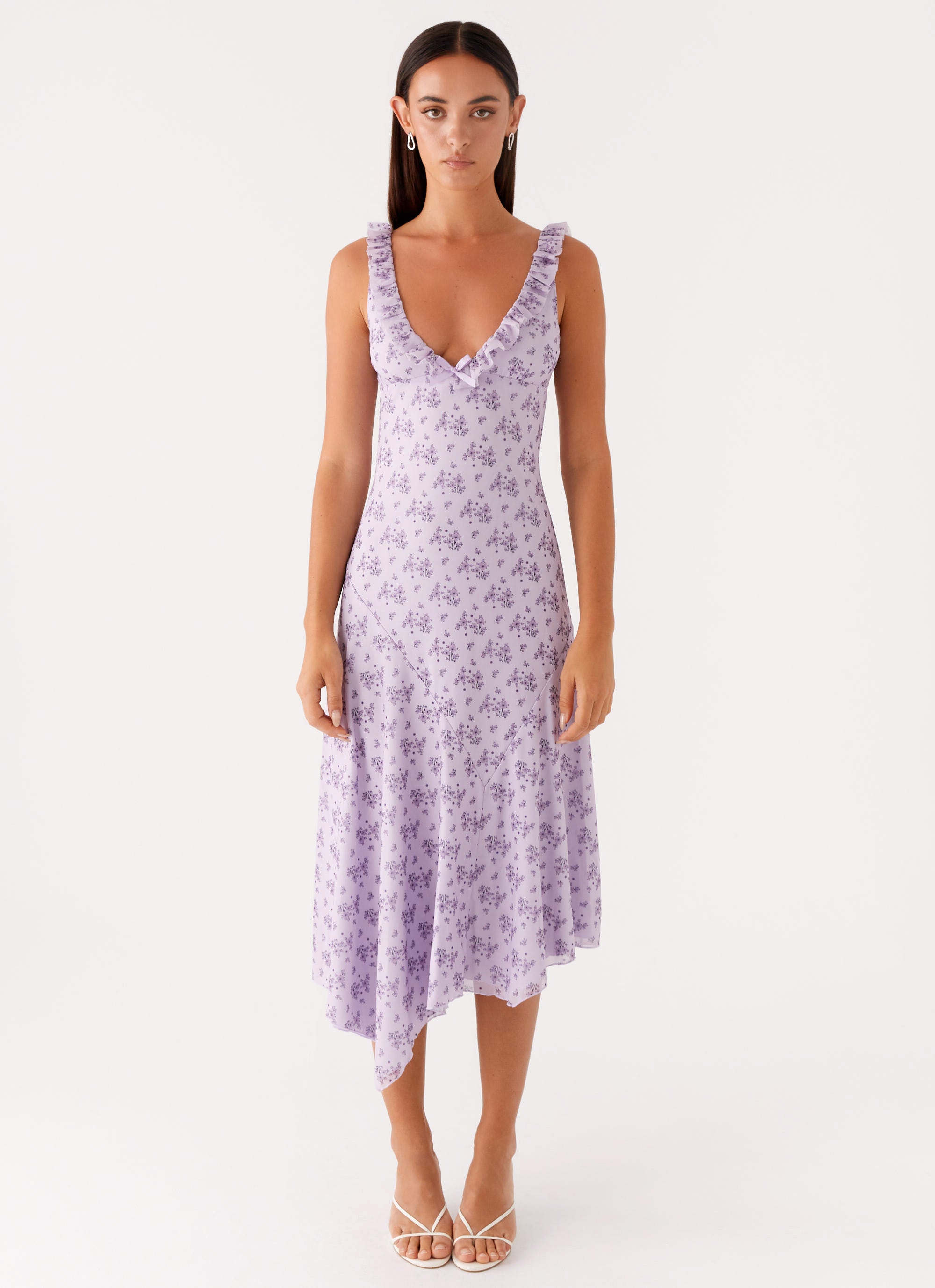 Asteri Midi Dress - Flowy Floral Print Summer Dress in Lavender Meadow | Perfect for Beach Vacations, Brunch Dates & Outdoor Weddings