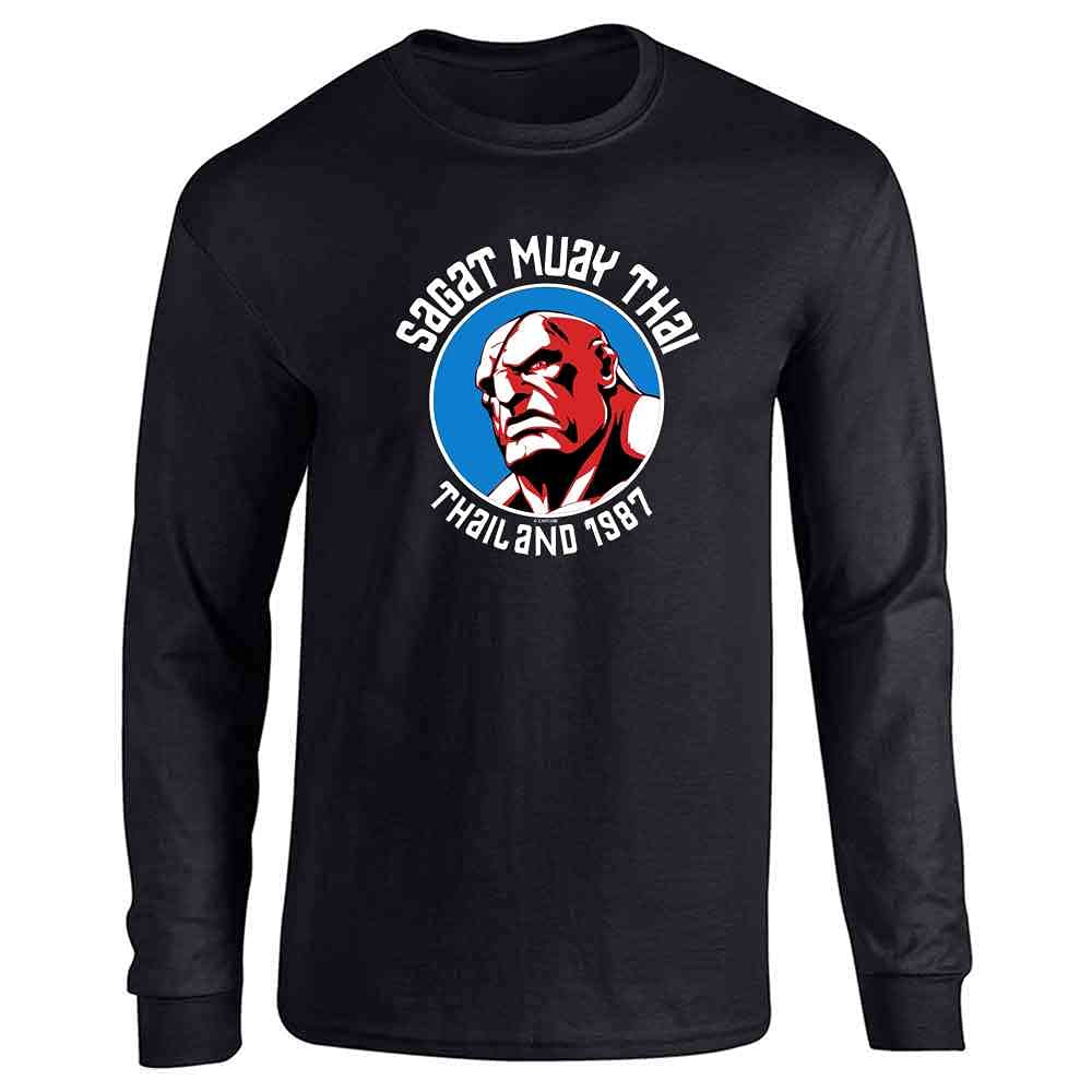 Pop Threads Sagat Street Fighter Long Sleeve Graphic Tee - Muay Thai Master Men's Shirt for Gaming, Cosplay & Streetwear Fashion