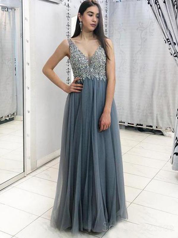 Elegant Grey Lace Beaded V-Neck Long Evening Prom Dress for Women - Perfect for Formal Events, Parties & Special Occasions | Style 18637