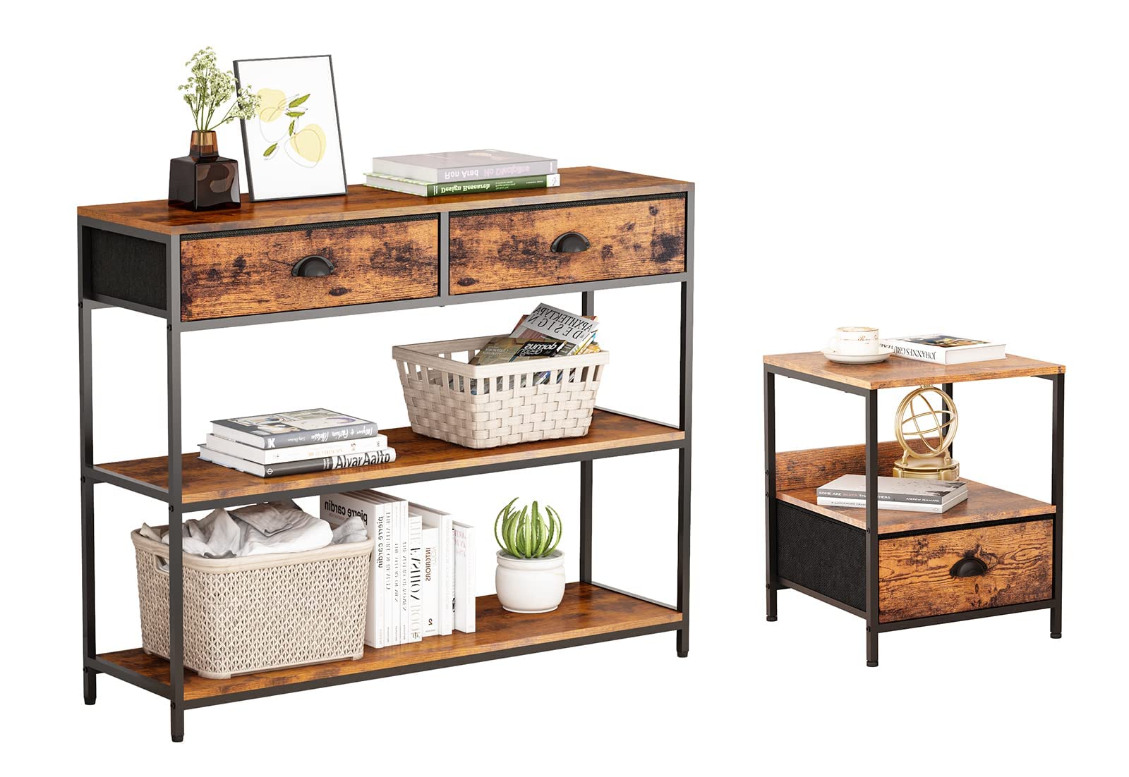 Industrial Console Table with 2 Drawers & 3-Tier Storage Shelves - Entryway Sofa Table, Nightstand, End Table with Storage - Rustic Beige Home Decor for Living Room, Bedroom, Hallway