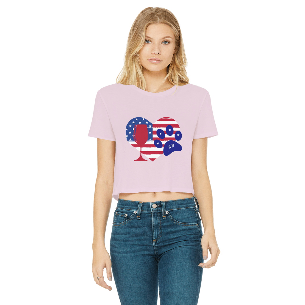 WineyBitches.Co Women's Cropped Raw Edge T-Shirt with Heart Paw Print - American Wine Lover Tee for Casual Outfits, Girls Night Out & Wine Tasting Events