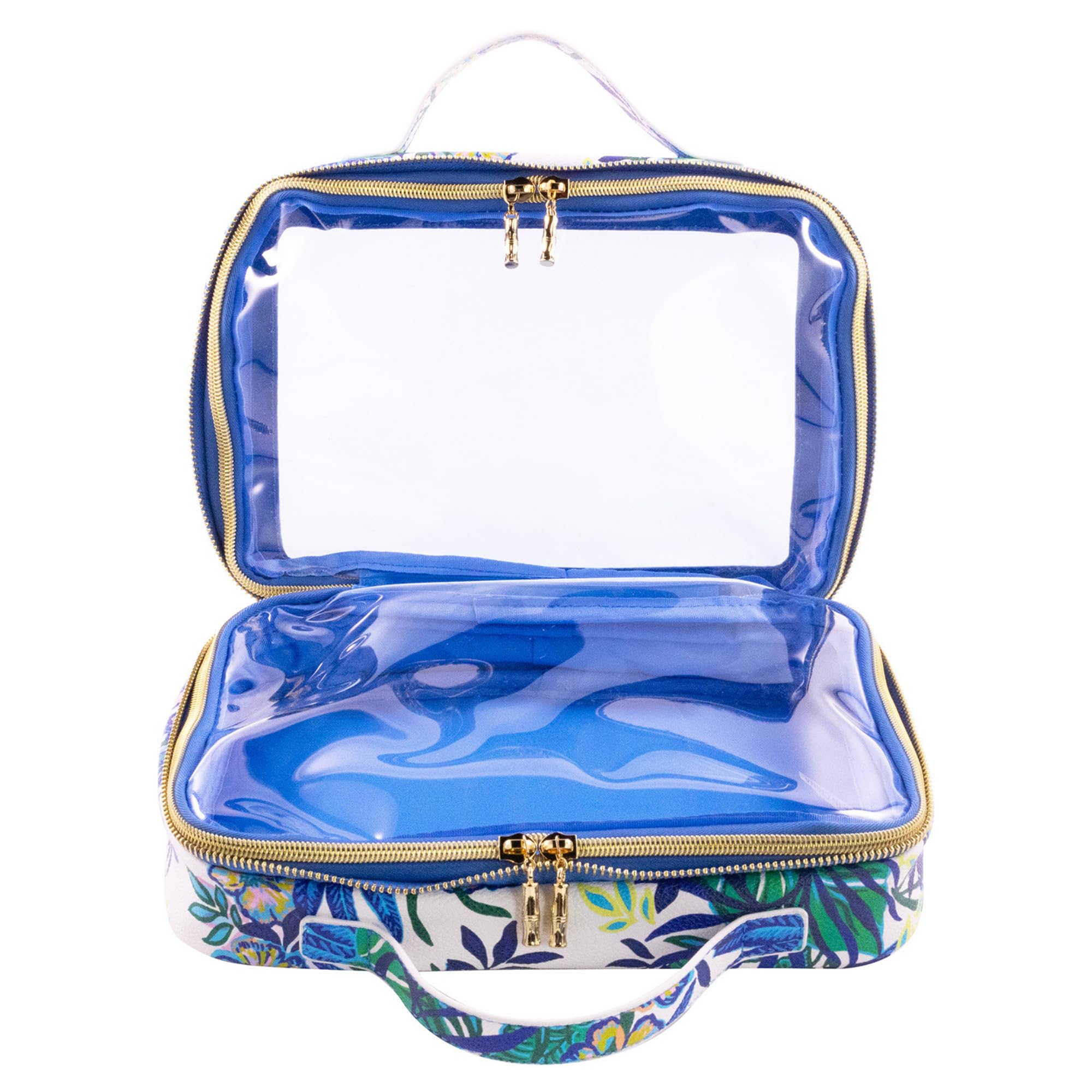 Lilly Pulitzer Cosmetic Bag with Two Zippered Pockets, Clear Vinyl Window & Handles - Waterproof Travel Toiletry Organizer & Makeup Case with Gold Accents | Perfect for Vacation, Gym, Weekend Getaways & Airplane Carry-On