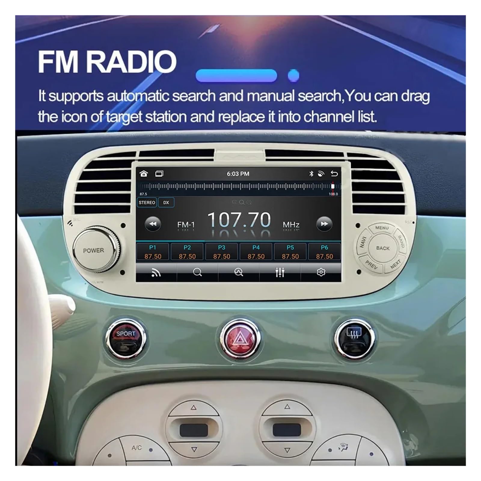 7 Inch Android Auto Car Stereo for Fiat 500 2007-2015 | Android 13 | Apple CarPlay | GPS Navigation | Multimedia Player | 6GB RAM 128GB Storage | WiFi | White - Perfect for Road Trips & Daily Commuting