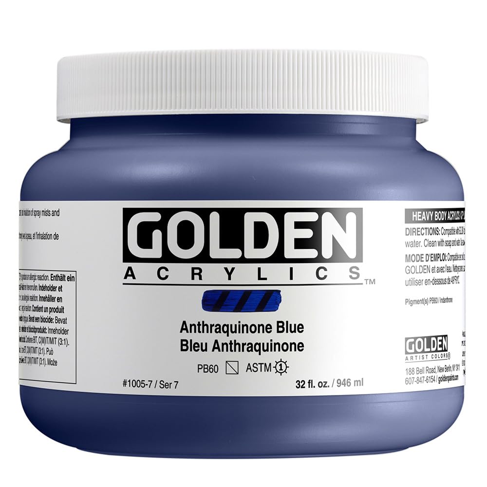 GOLDEN Heavy Body Acrylic Paint - Anthraquinone Blue (32 fl oz Jar) | Professional Semi-Transparent Artist Paint for Canvas, Murals & Fine Art | Premium Acrylics for Artists & DIY Projects