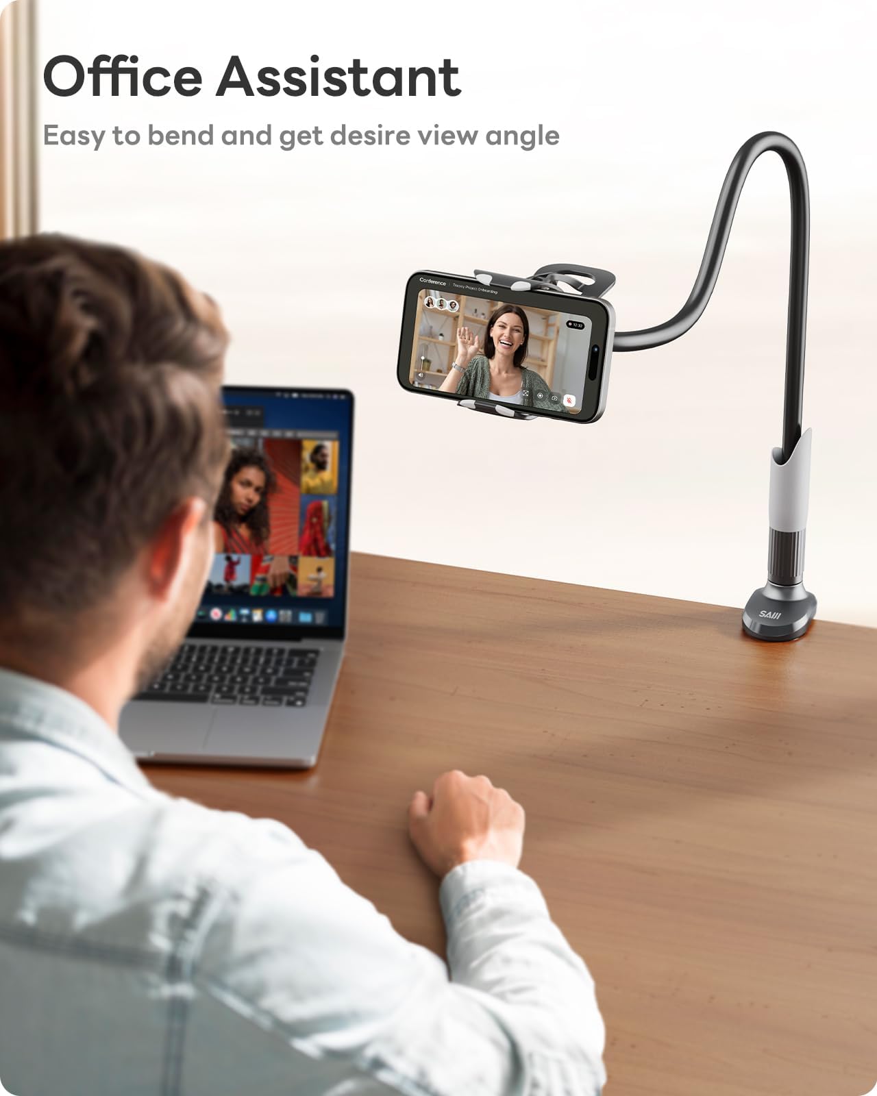 SAIJI Adjustable Gooseneck Phone Holder - Flexible Long Arm Phone Mount for Desk, Clip Stand for iPhone, Samsung, Nintendo Switch - Perfect for Reading, Gaming & Video Calls (Black)