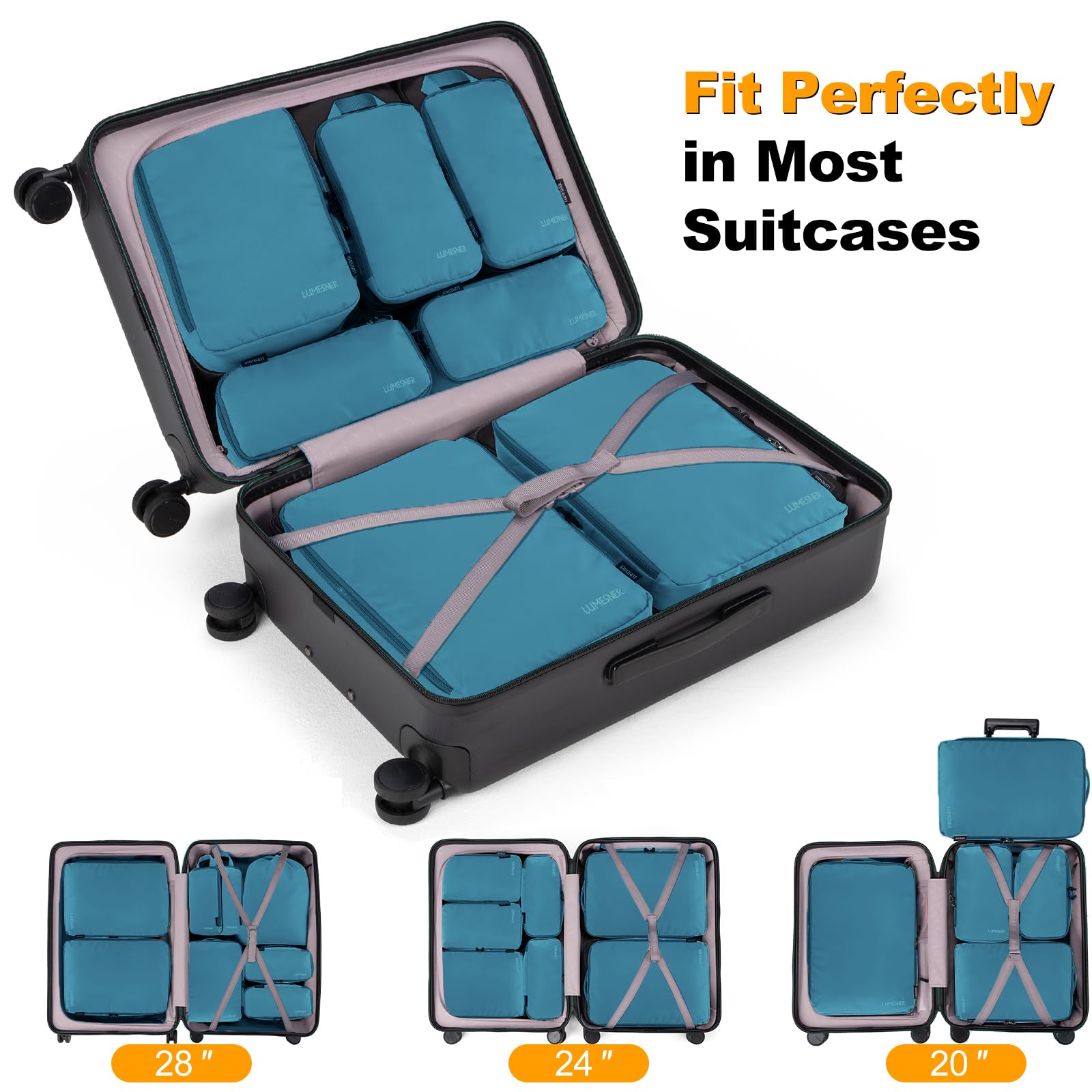 Lumesner 8-Piece Compression Packing Cubes Set for Travel - Space Saving Suitcase Organizers for Carry-On Luggage (Blue) | Perfect for Business Trips, Vacations & Weekend Getaways