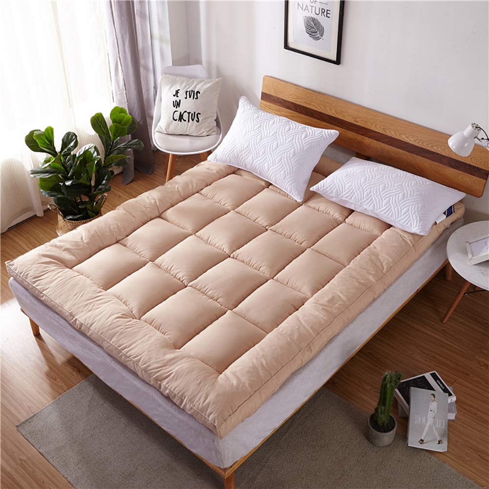 Traditional Japanese Futon Mattress Topper - Thick Soft Breathable Tatami Pad for All Seasons, Non-Slip Floor Sleeping Mat (Khaki, Full Size) - Perfect for Guest Beds, Floor Sleeping & Minimalist Home Decor