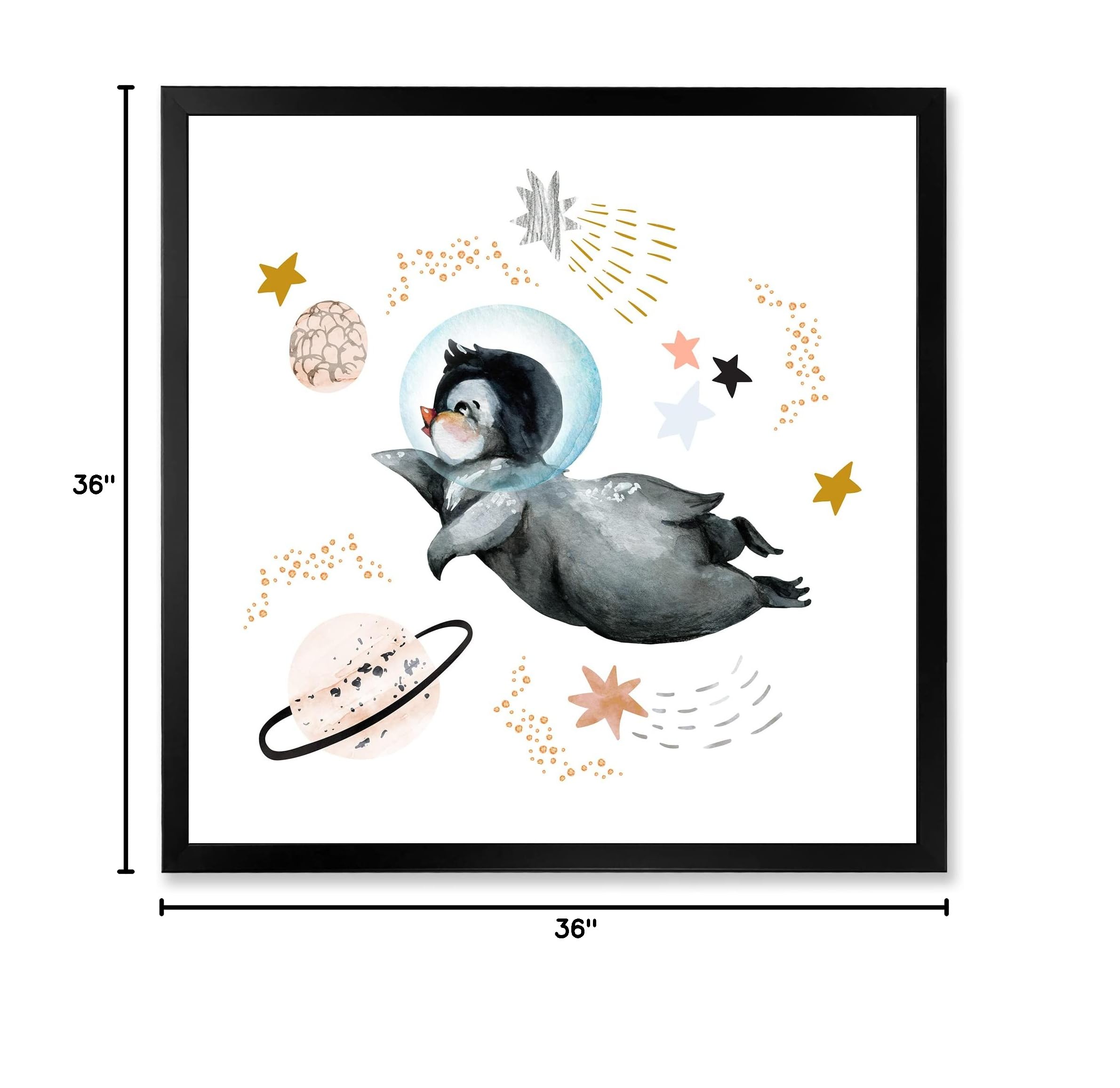 DesignQ Little Penguin Flying Stars and Planets II Farmhouse Framed Wall Art - Nursery Decor, Kids Room Wall Art, Living Room Decor, Perfect Gift for Baby Shower & Birthday