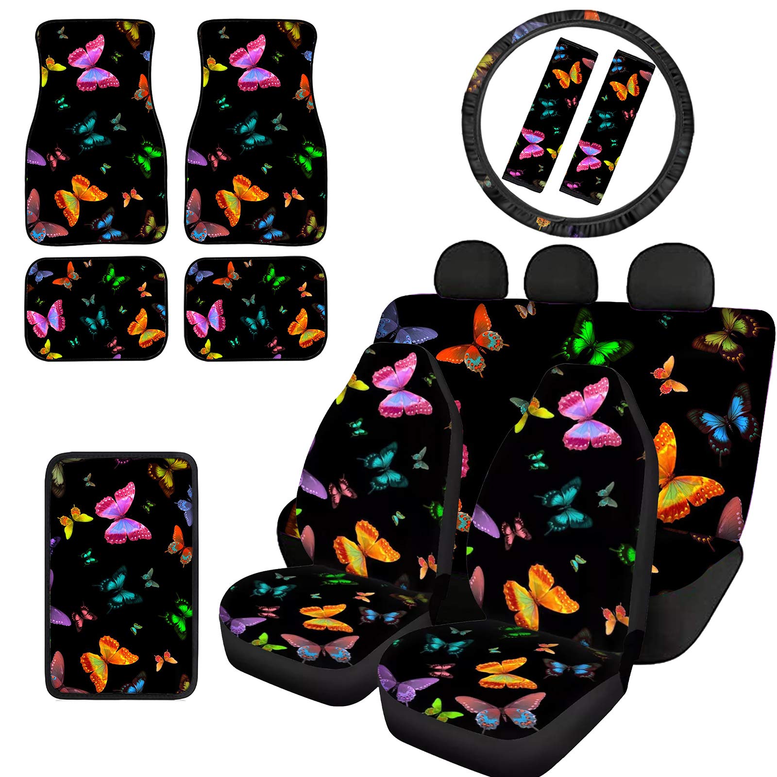 Dreaweet 12-Piece Colorful Butterfly Car Interior Accessories Set - Seat Covers, Floor Mats, Armrest Pad & Steering Wheel Wrap with Soft Pineapple Print Seat Belt Pads | Perfect for Sedans, SUVs & Compact Cars | Stylish & Protective Car Decor Upgrade