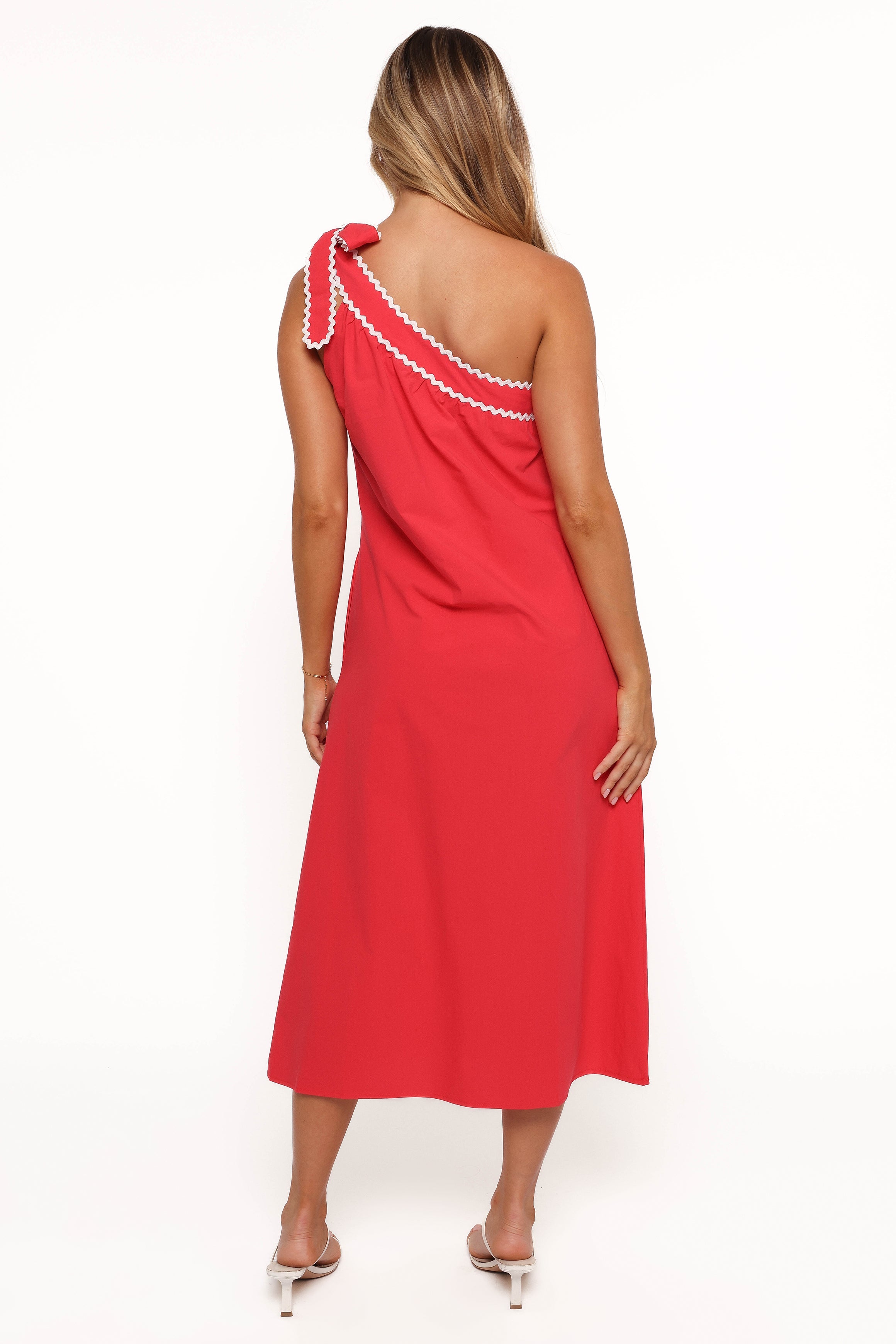 Brynlee One Shoulder Midi Dress in Red & White - Elegant Cocktail Party & Summer Wedding Guest Dress