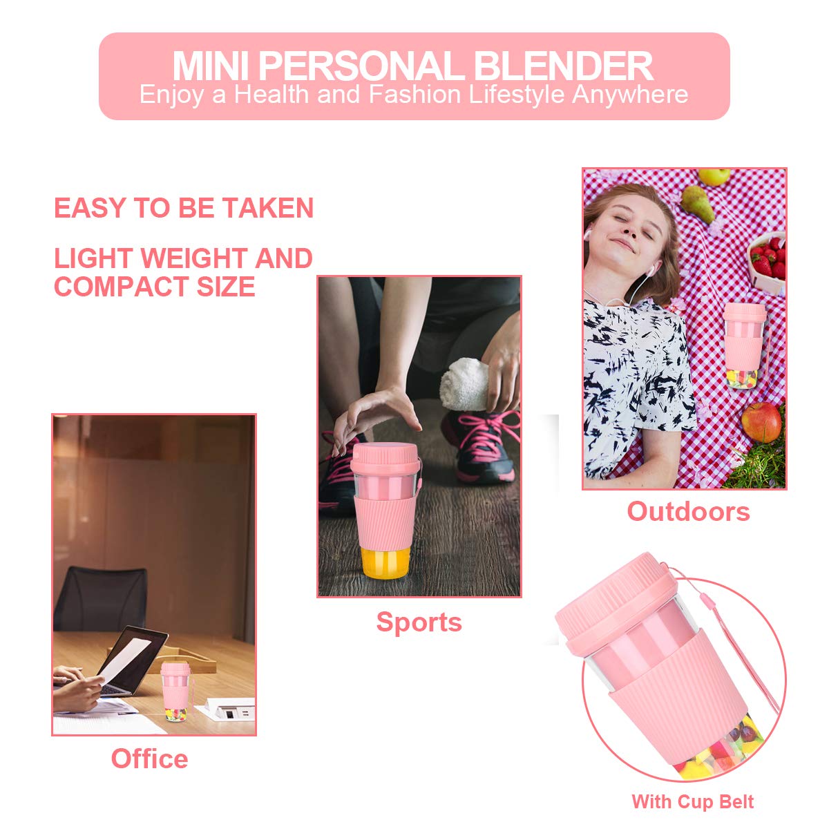 Portable USB Rechargeable Mini Blender - 250mL Cordless Personal Smoothie Maker for Fruits, Juices & Shakes | BPA-Free, Waterproof, Travel-Friendly | Perfect for Home, Office, Gym & Outdoor Activities (Pink)