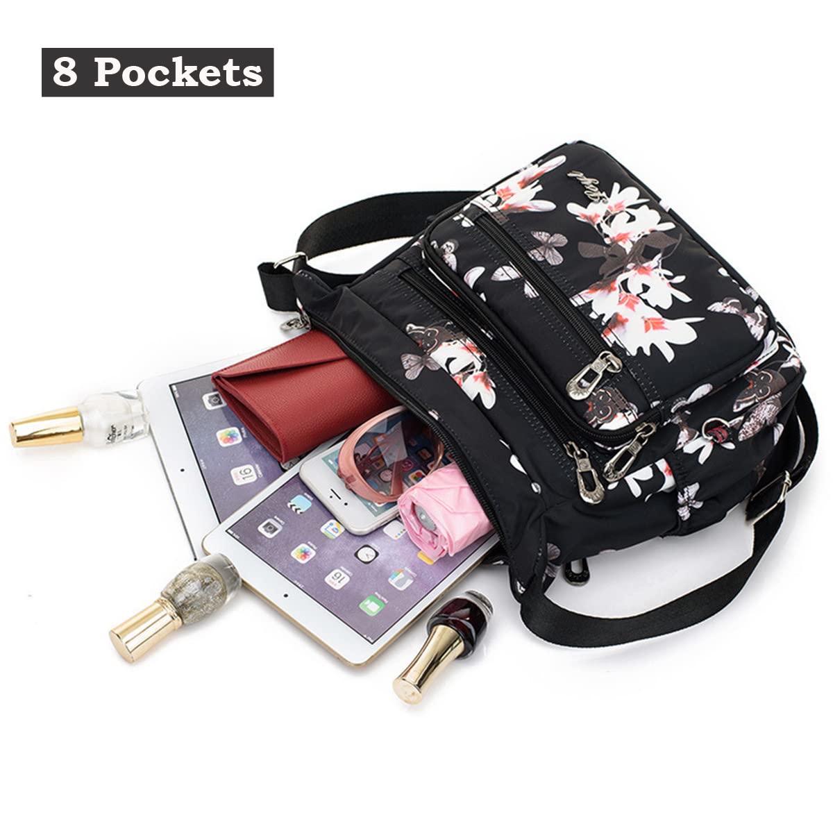 Stylish Nylon Floral Crossbody Bag for Women - Multi-Pocket Shoulder Purse with Adjustable Strap - Perfect for Travel, Shopping & Everyday Use